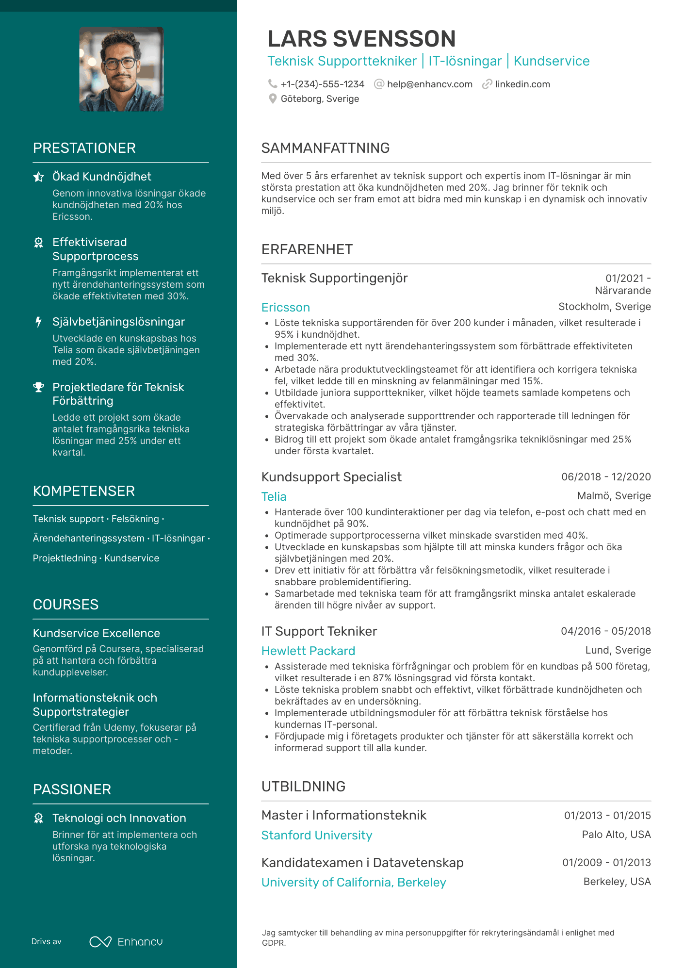 CV för Teknisk Supporttekniker Resume Example