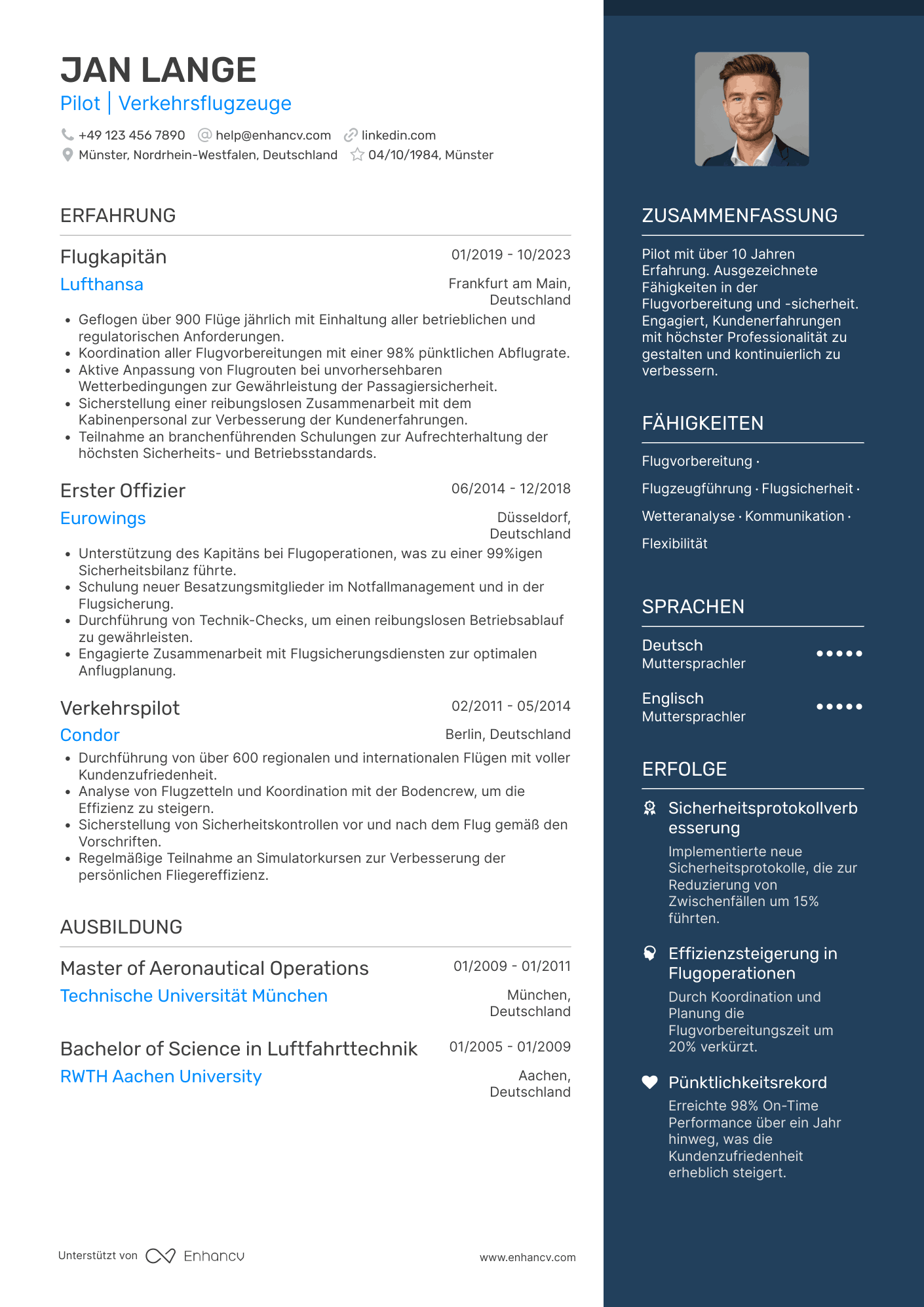 Lebenslauf als Pilot für kommerzielle Airlines Resume Example