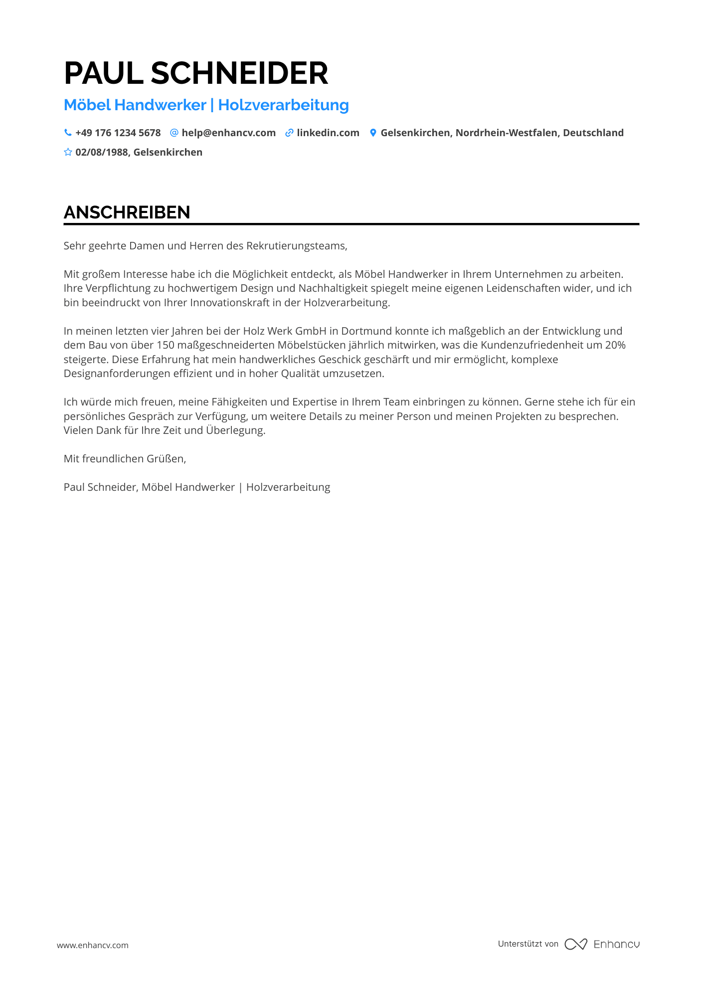 Möbel Handwerker Resume Example