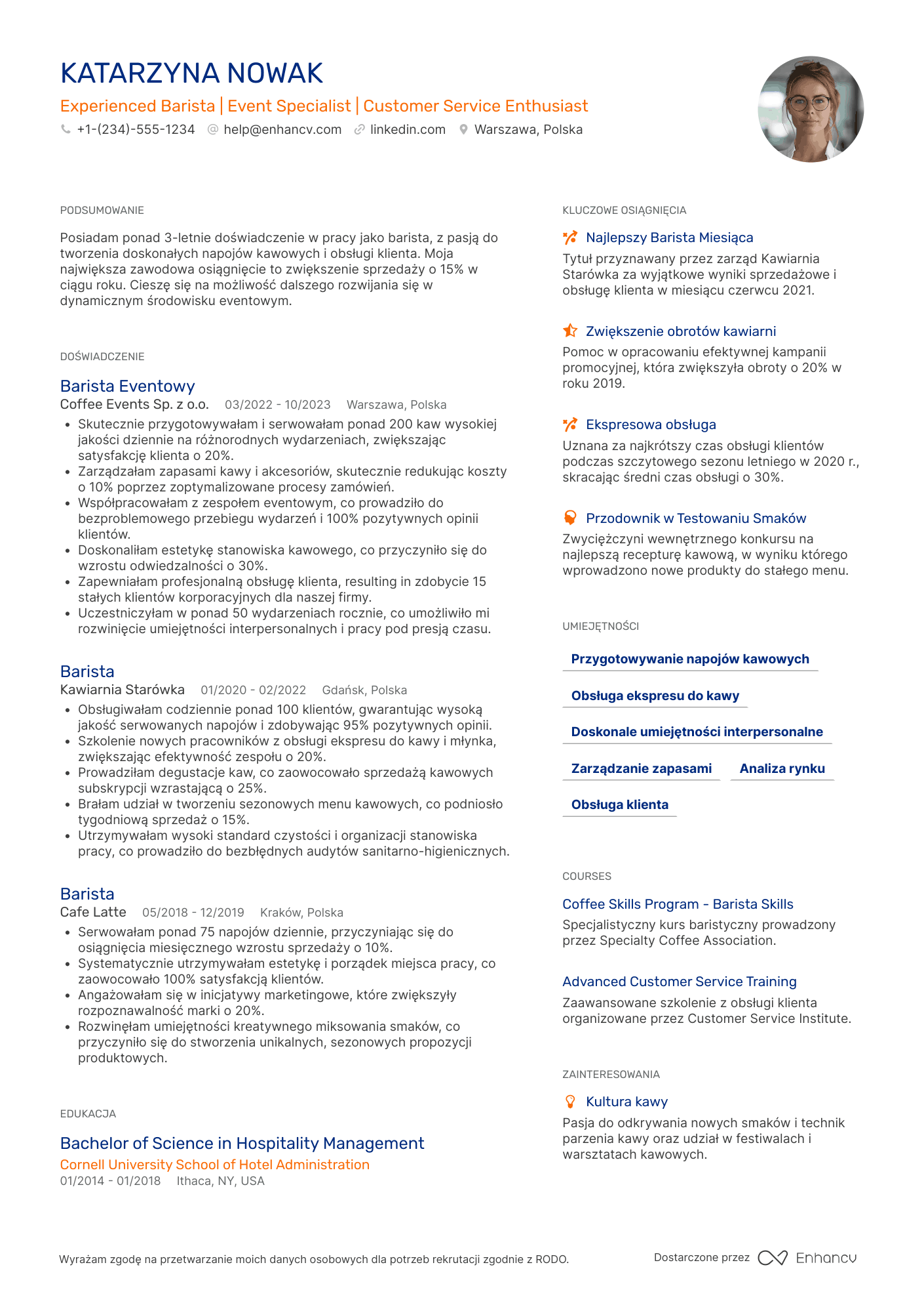 CV dla Event Barista Resume Example