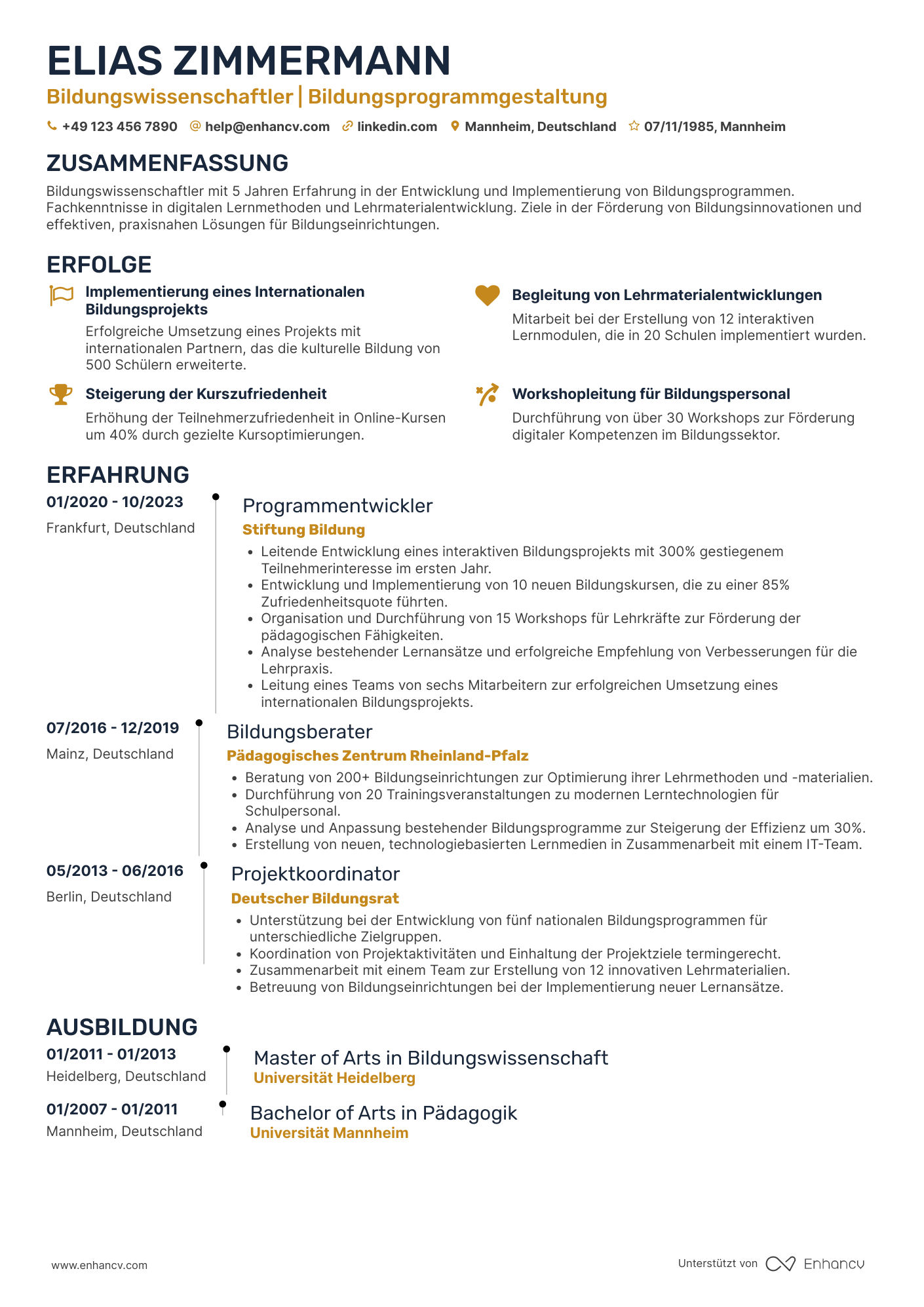 Lebenslauf in Akademiker in der Bildungsbranche Resume Example