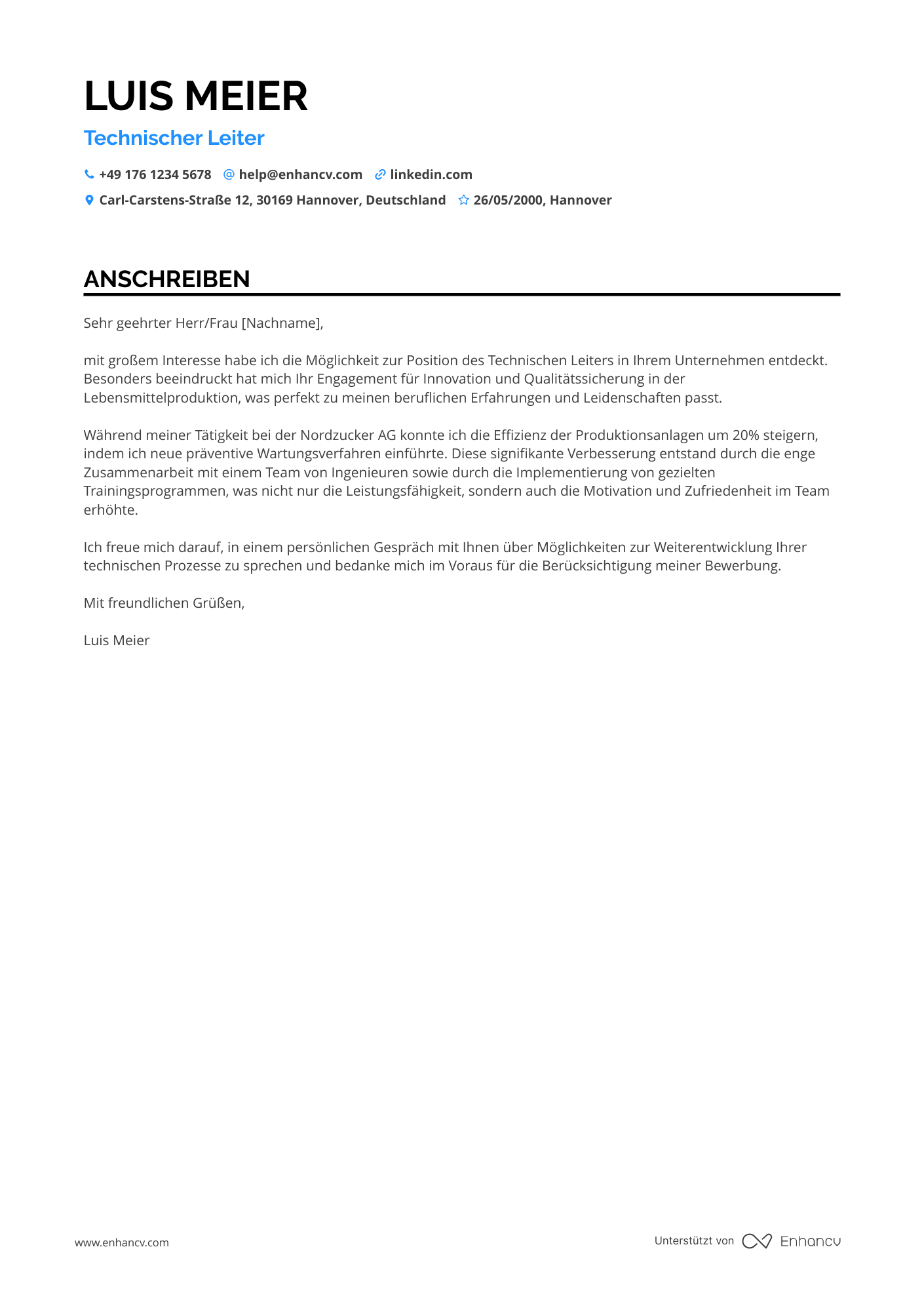 Technischer Leiter in der Lebensmittelindustrie Resume Example