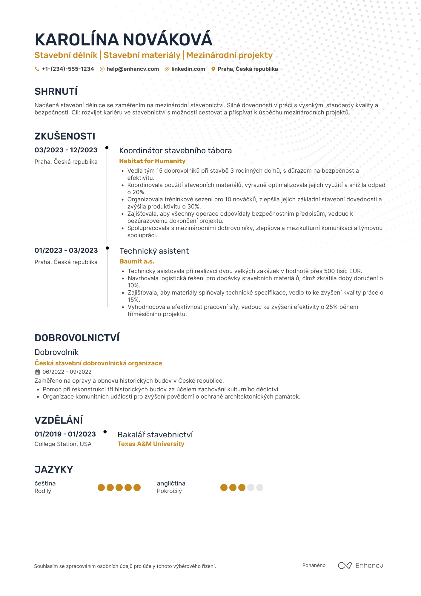 Životopis pro Mezinárodní stavební dělník Resume Example
