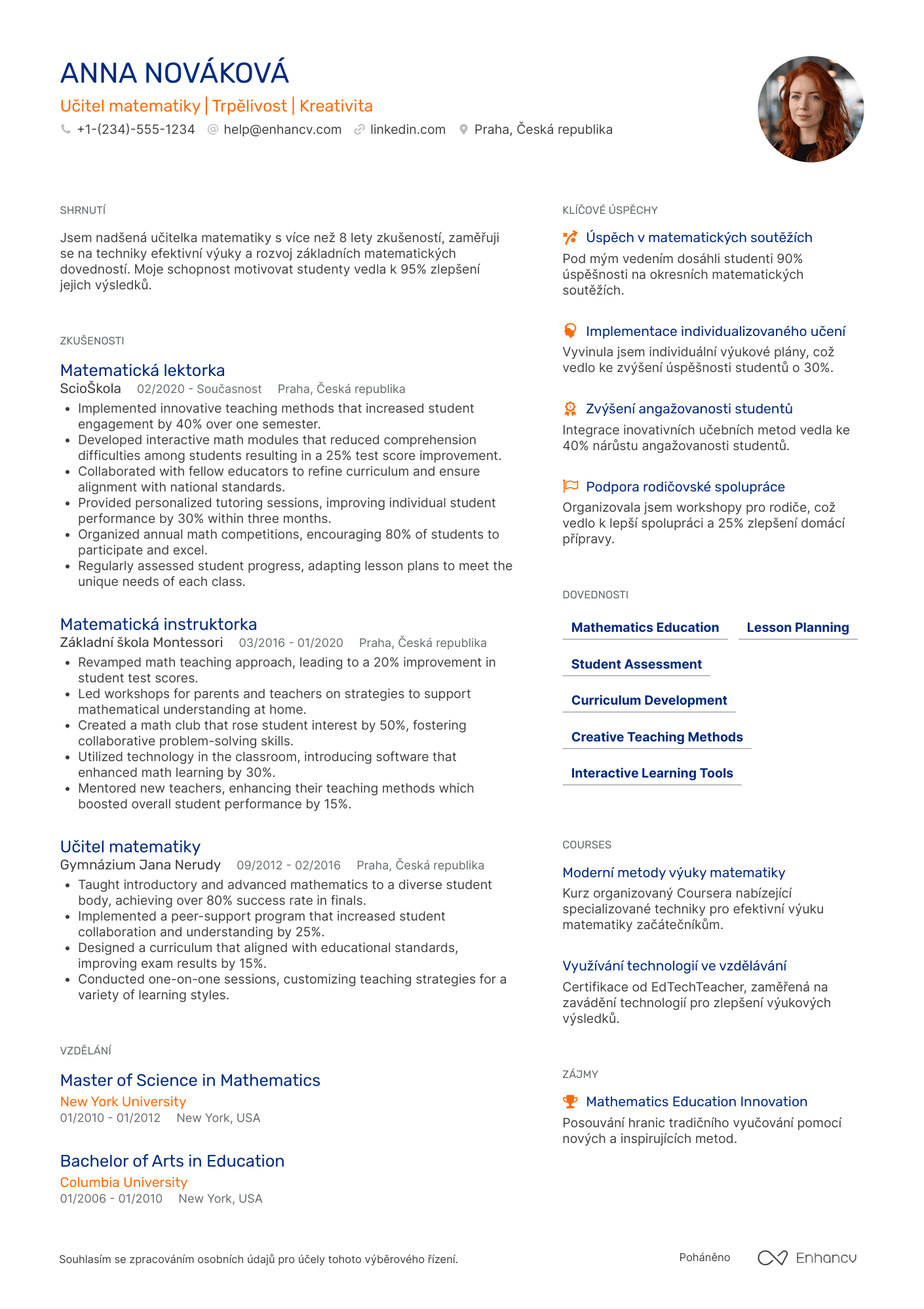 Životopis pro Učitel matematiky pro začátečníky Resume Example