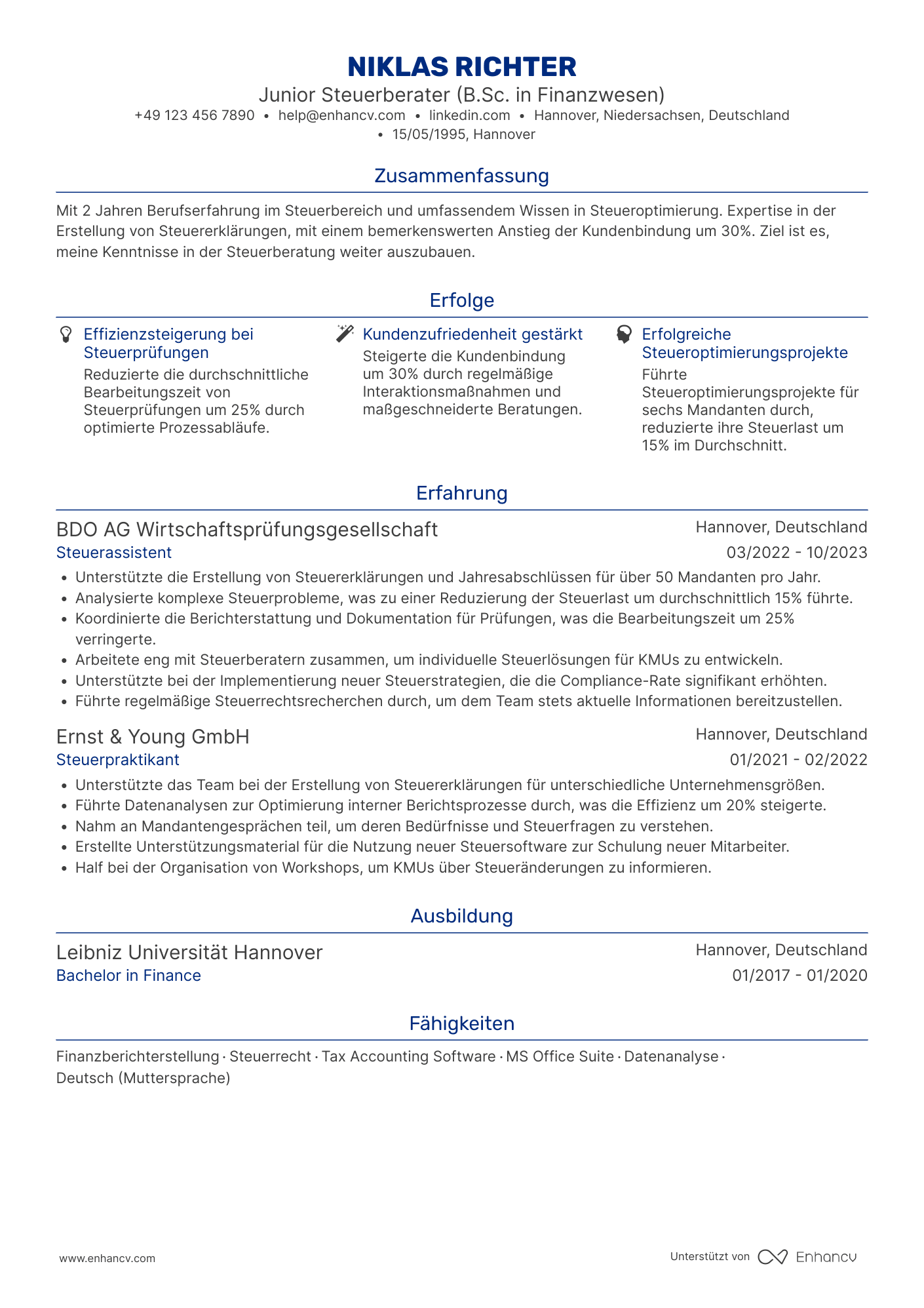 Lebenslauf als Junior Steuerberater Resume Example