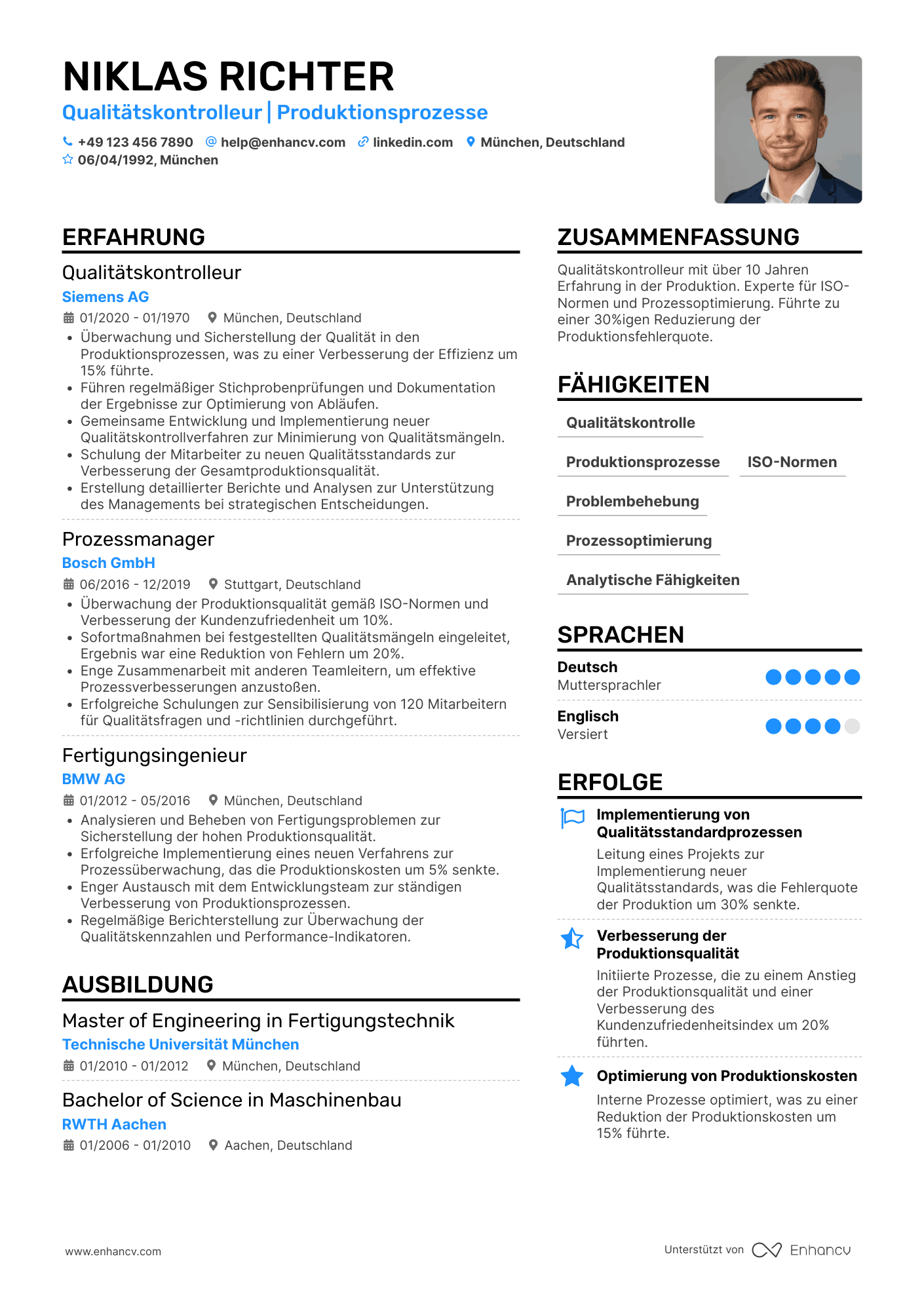 Lebenslauf als Qualitätskontrolleur für Produktionsprozesse Resume Example