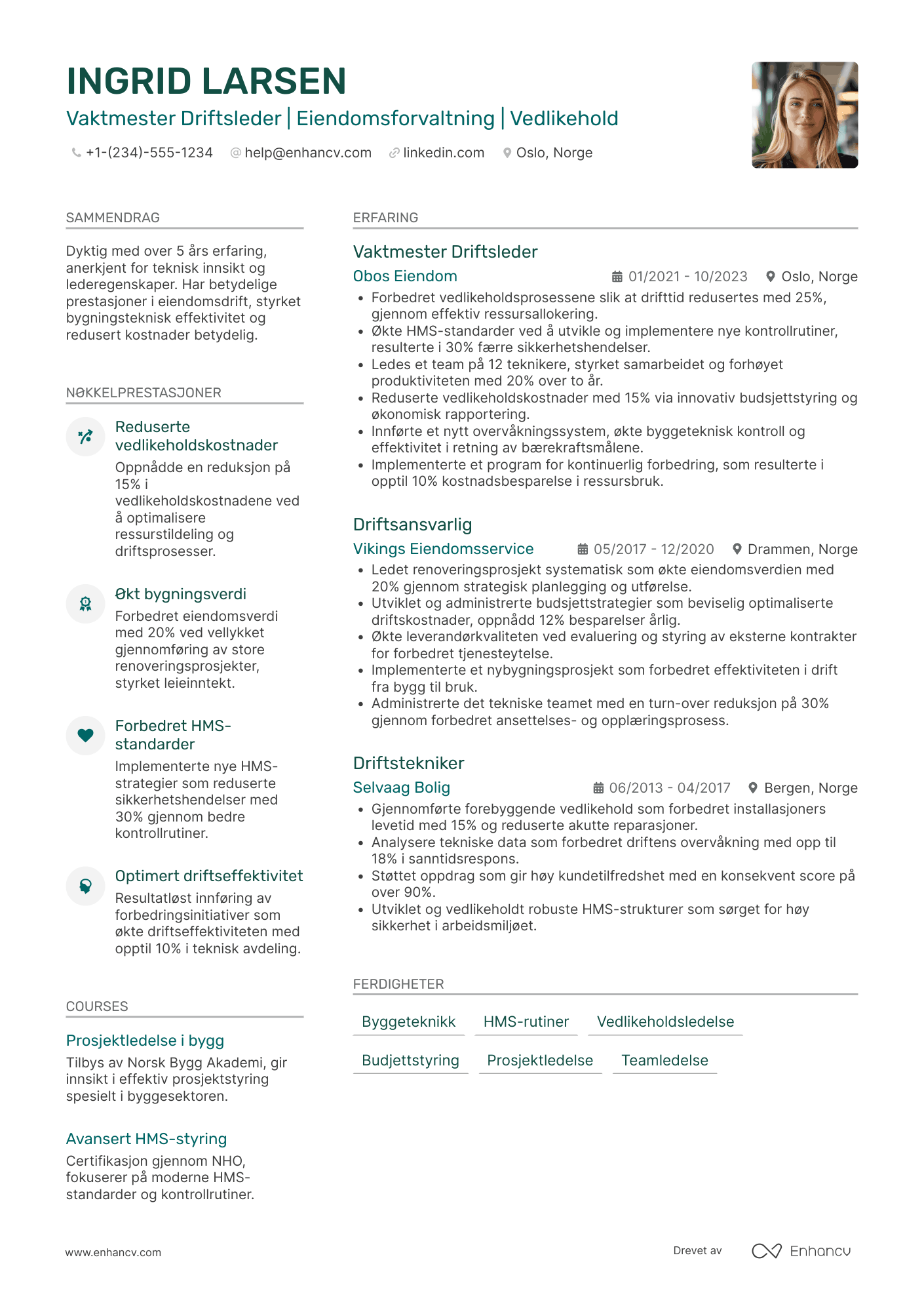 CV for Vaktmester Driftsleder Resume Example