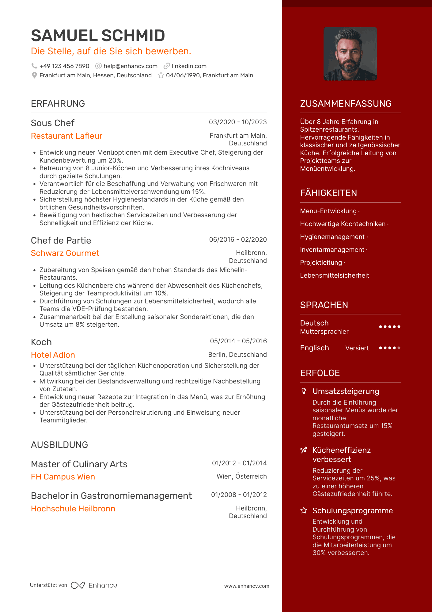 Lebenslauf als Senior Koch Resume Example