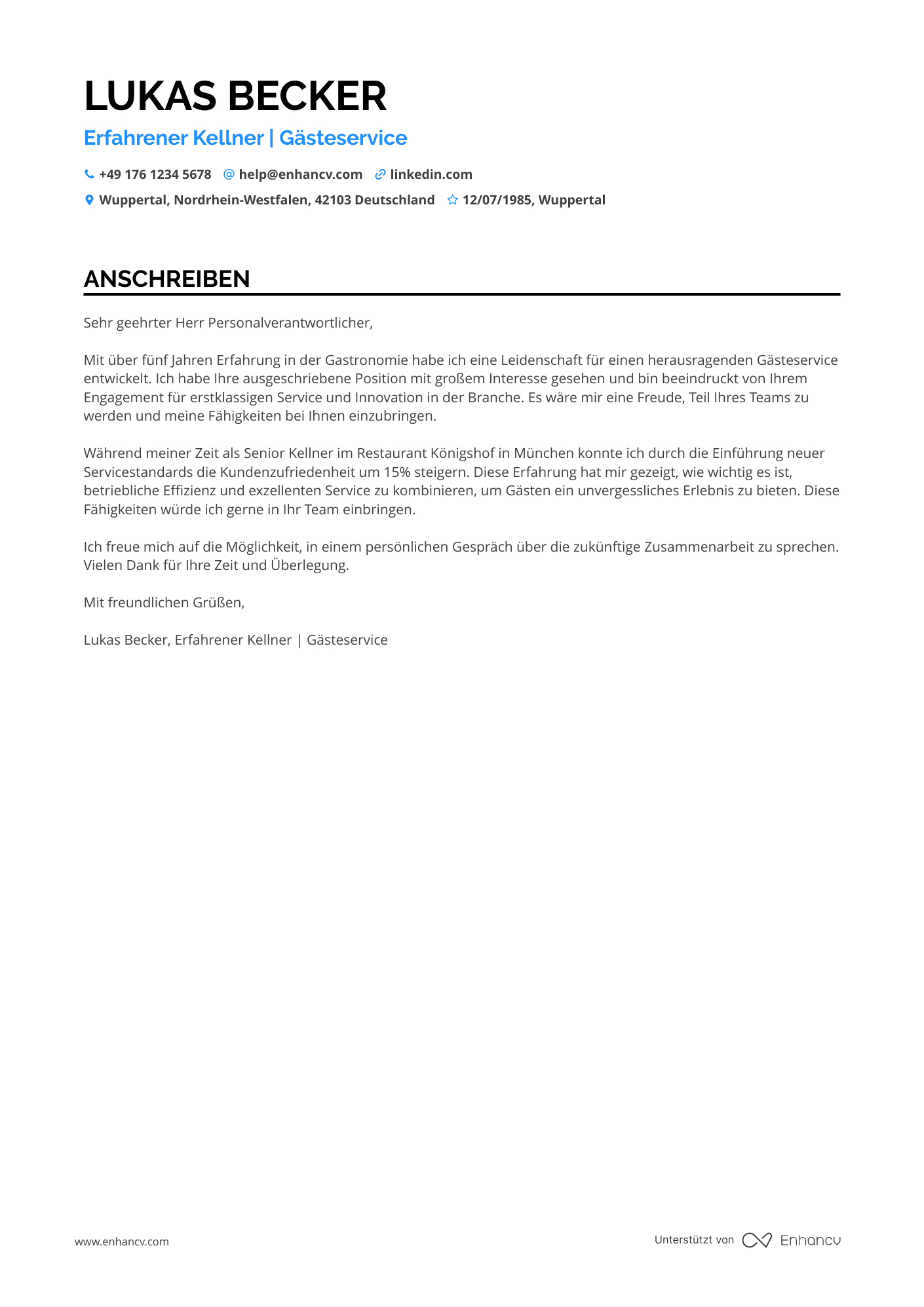 Vollzeit Kellner Resume Example