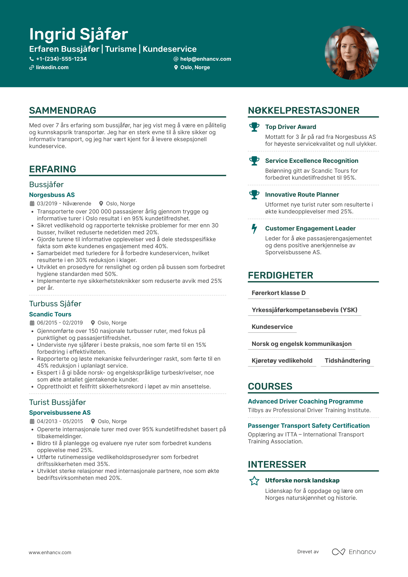 CV for Bussjåfør i turistindustrien Resume Example