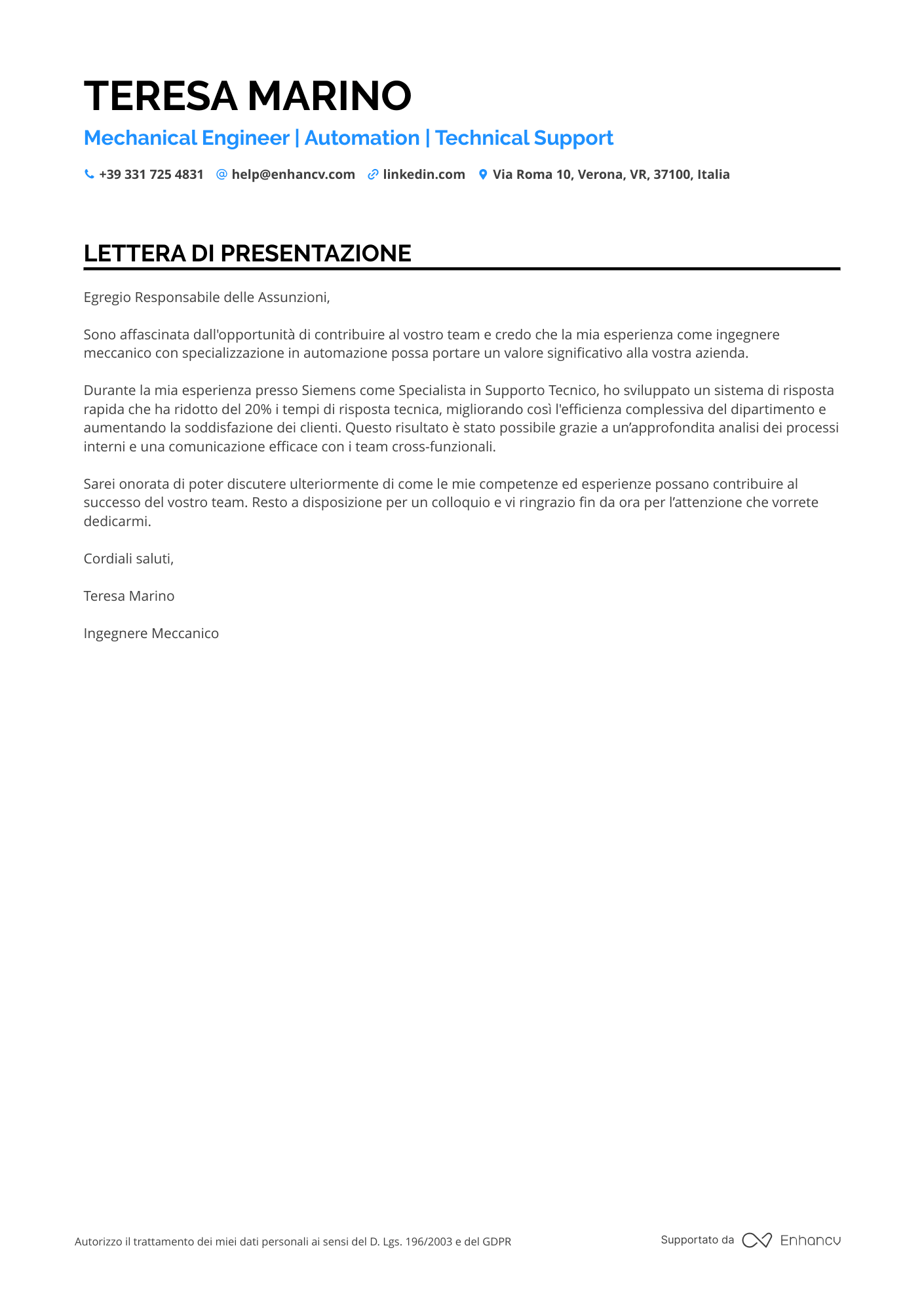 Ingegnere Meccanico di Vendite Resume Example