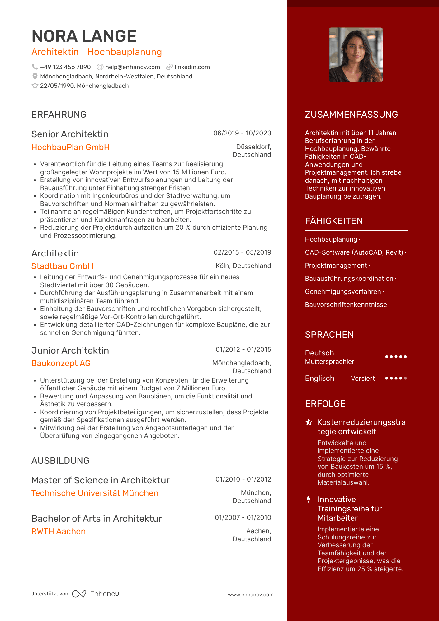 Lebenslauf als Erfahrener Architekt für Hochbauplanung Resume Example