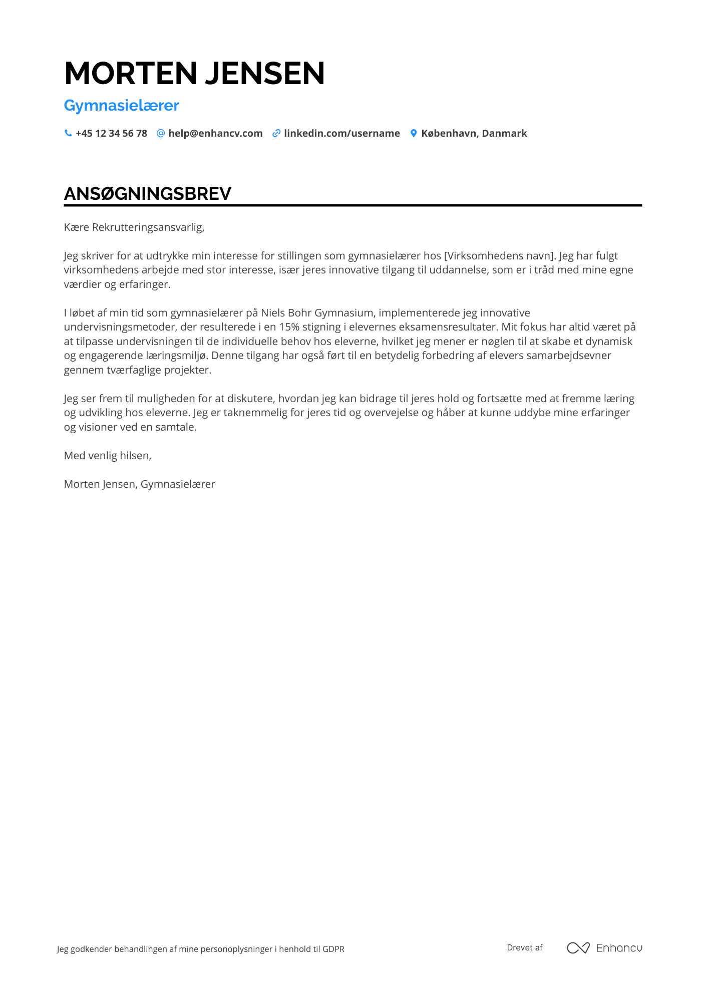 Ansøgningsbrev til Gymnasielærer Resume Example