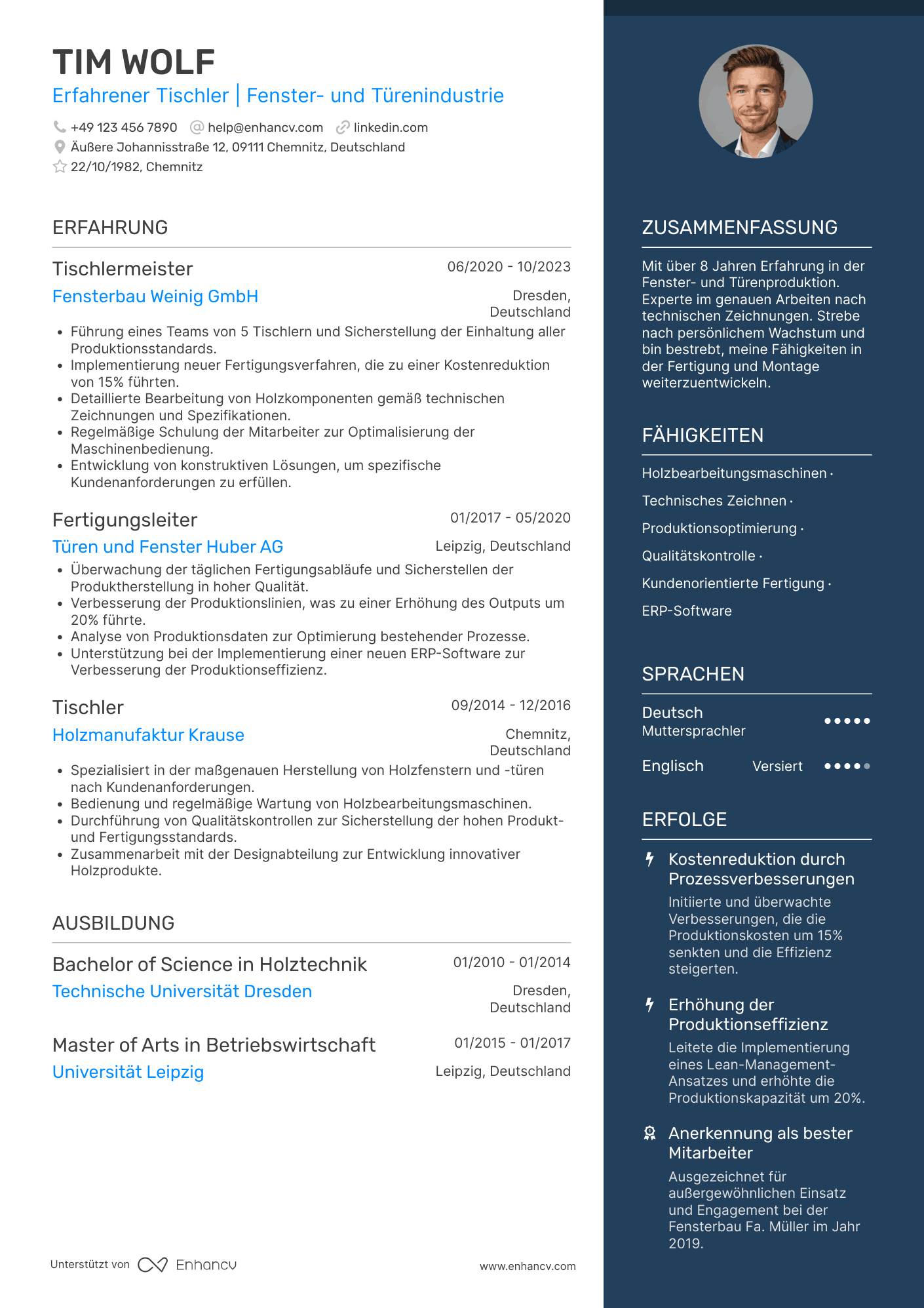 Lebenslauf in Tischler in der Fenster  und Türenindustrie Resume Example