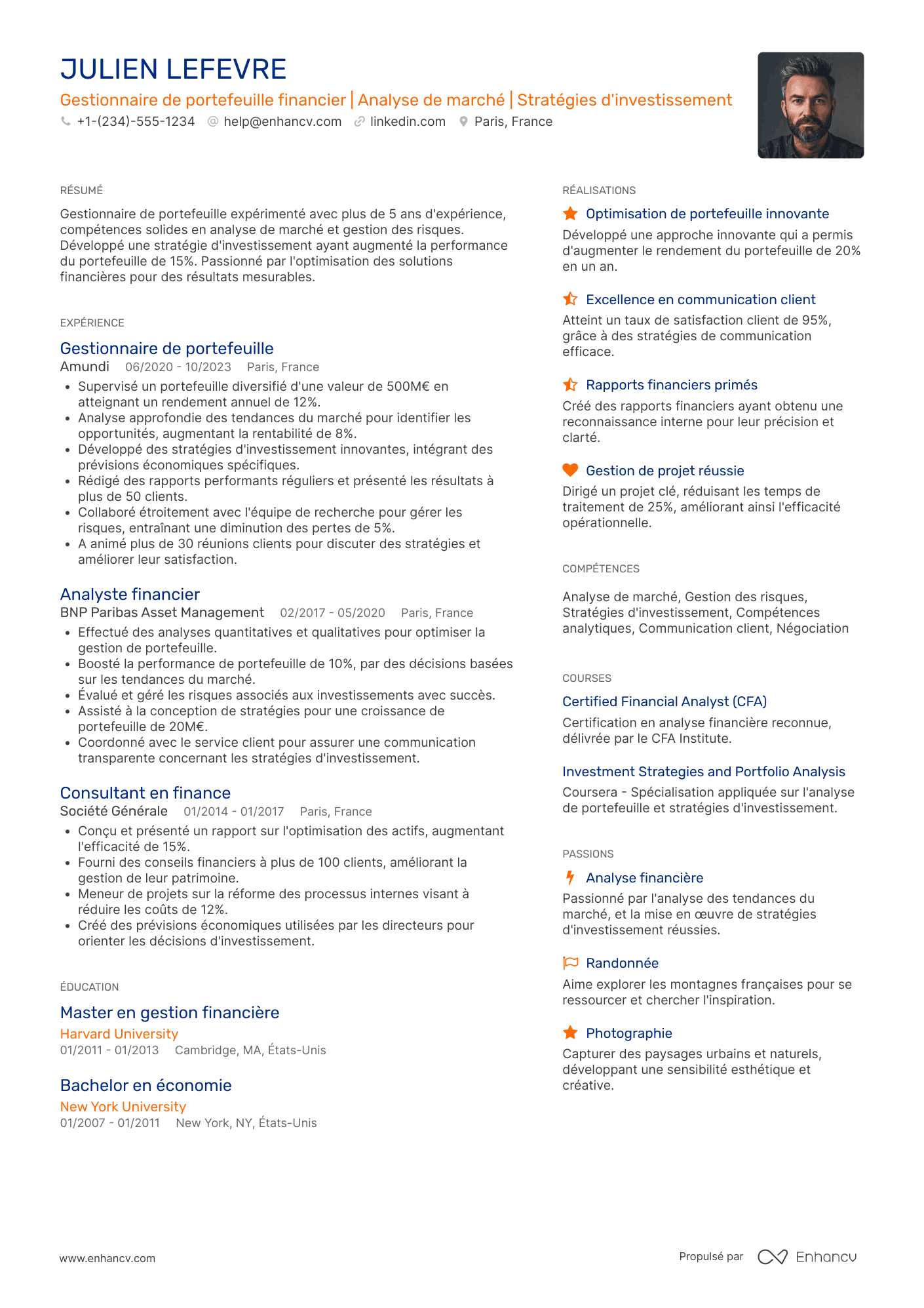 CV de gestionnaire de portefeuille financier Resume Example