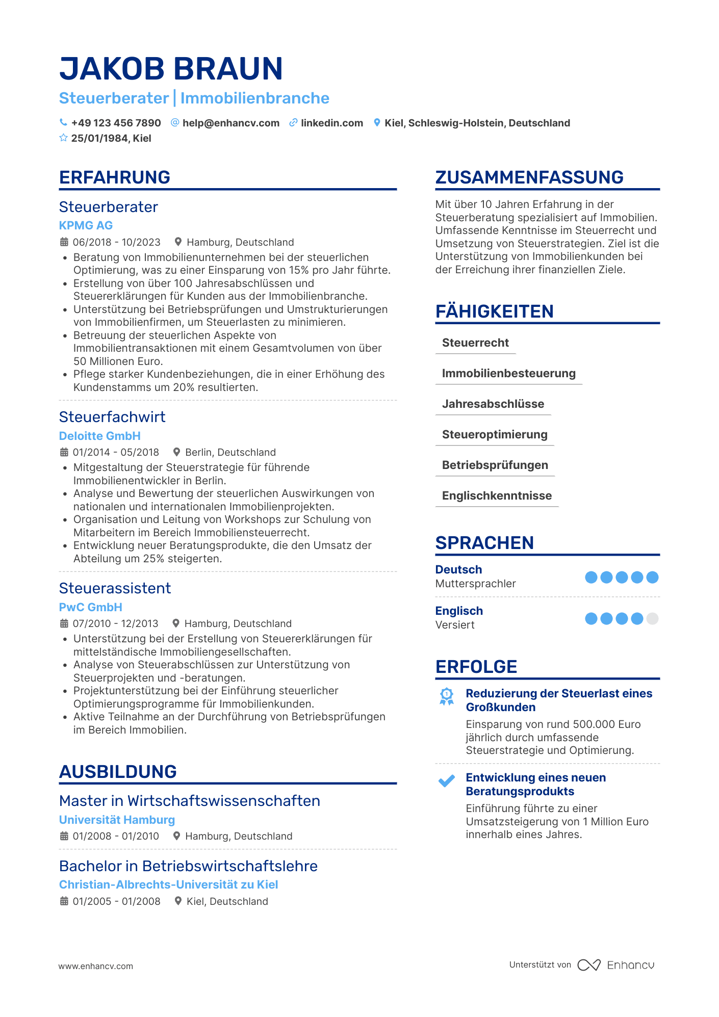 Lebenslauf in Steuerberater in der Immobilienbranche Resume Example