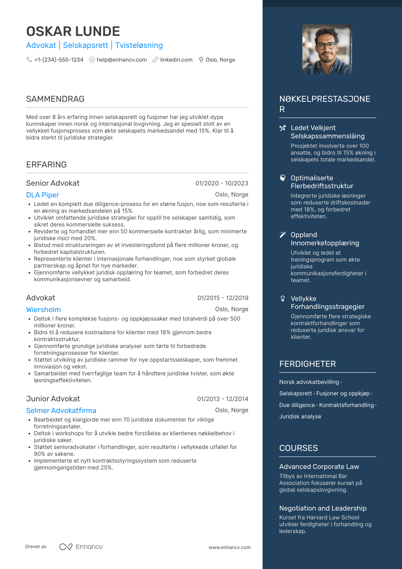CV for Advokat for selskapsrett Resume Example