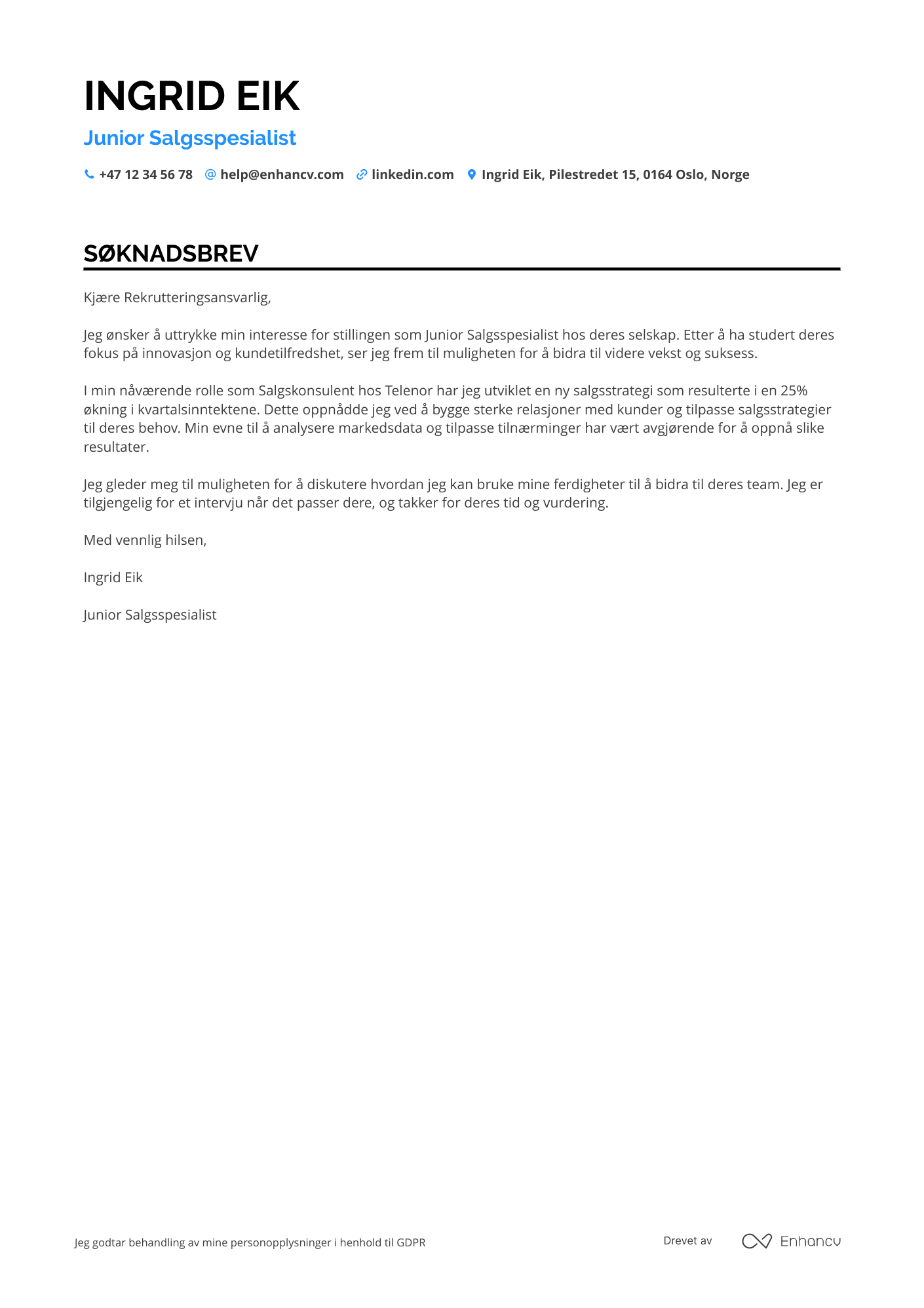 Søknadsbrev for Junior Salgsspesialist Resume Example