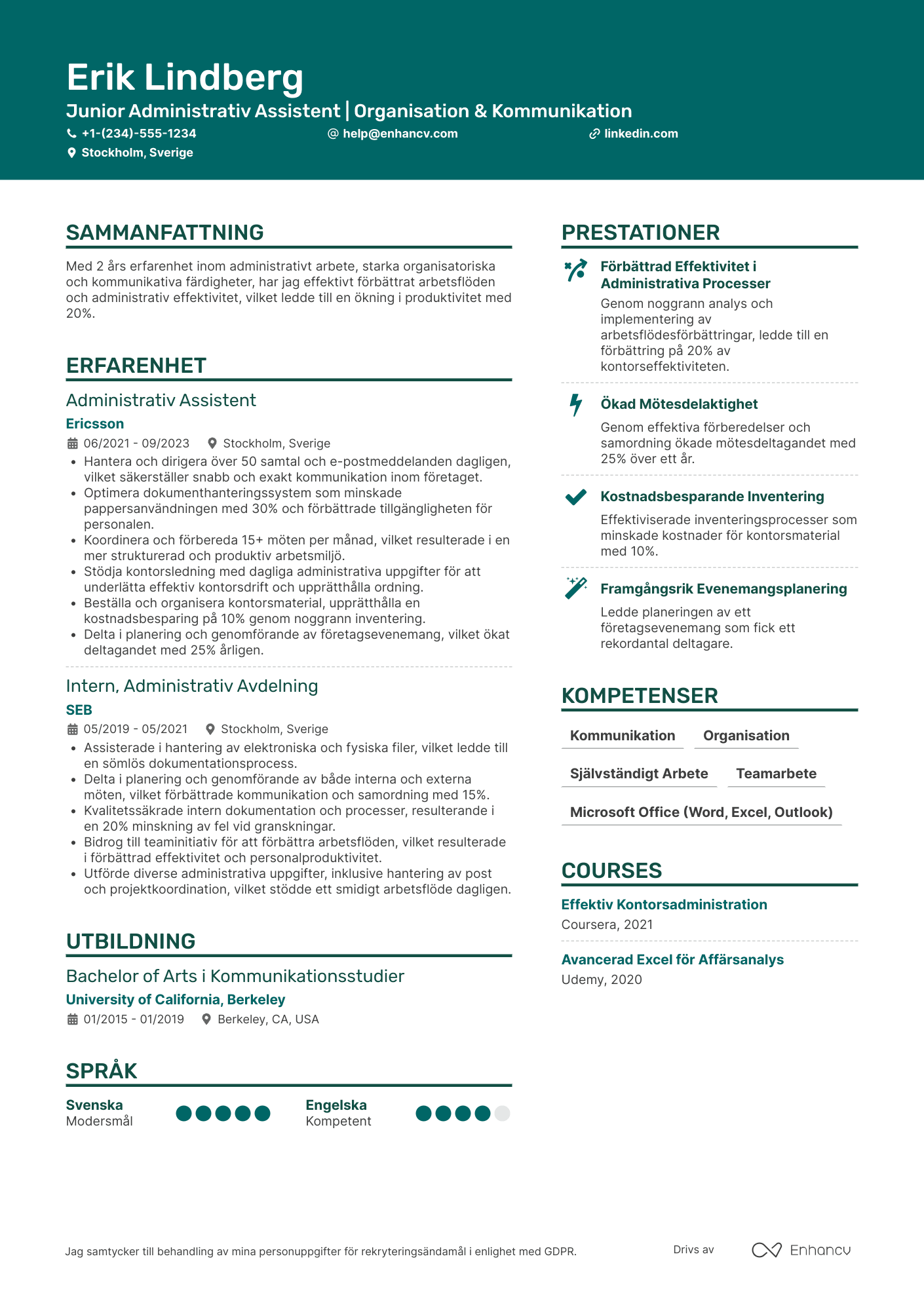 CV för Junior Administrativ Assistent Resume Example