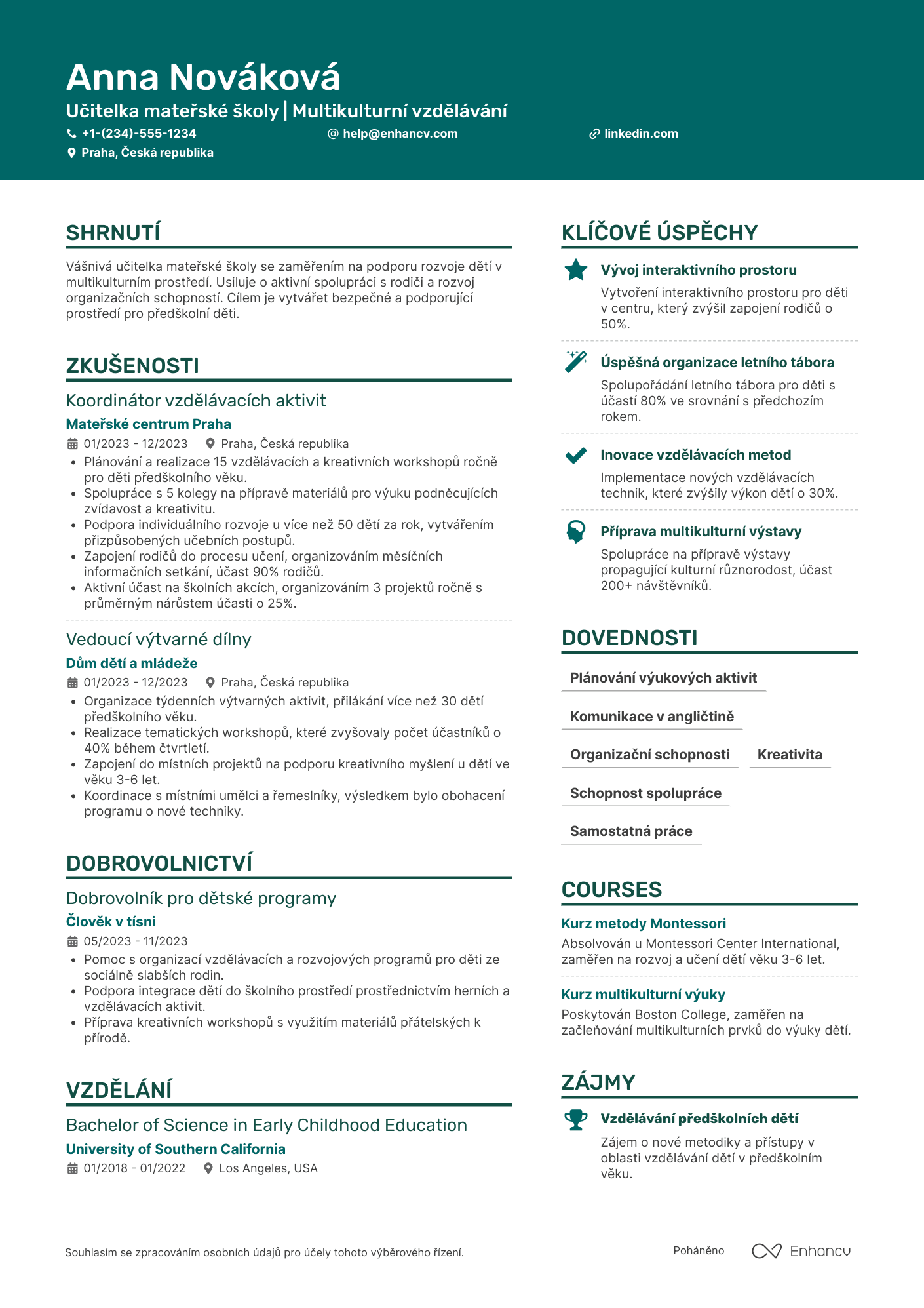 Životopis pro Učitelka mateřské školy v mezinárodní škole Resume Example