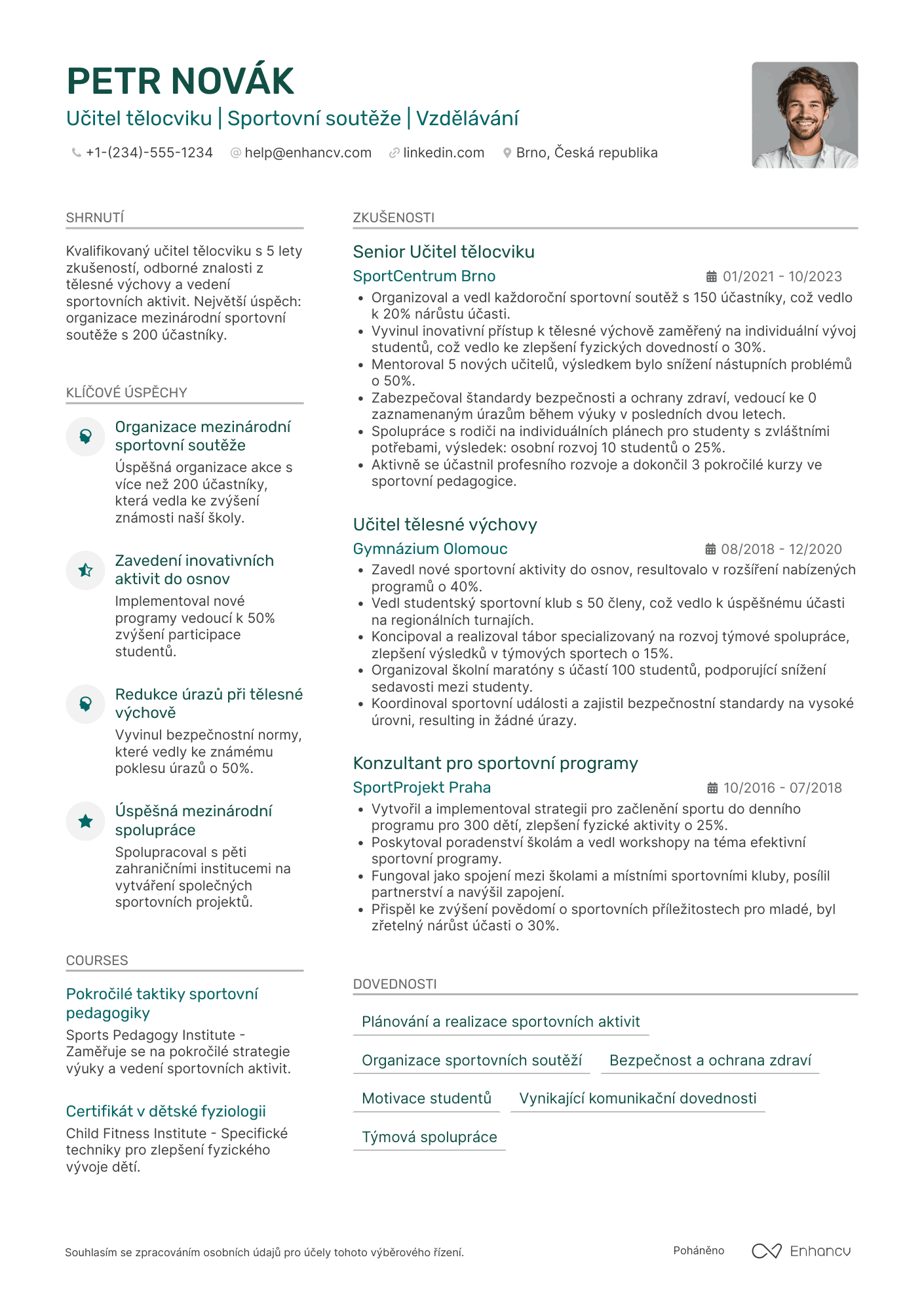 Životopis pro Učitel tělocviku Resume Example