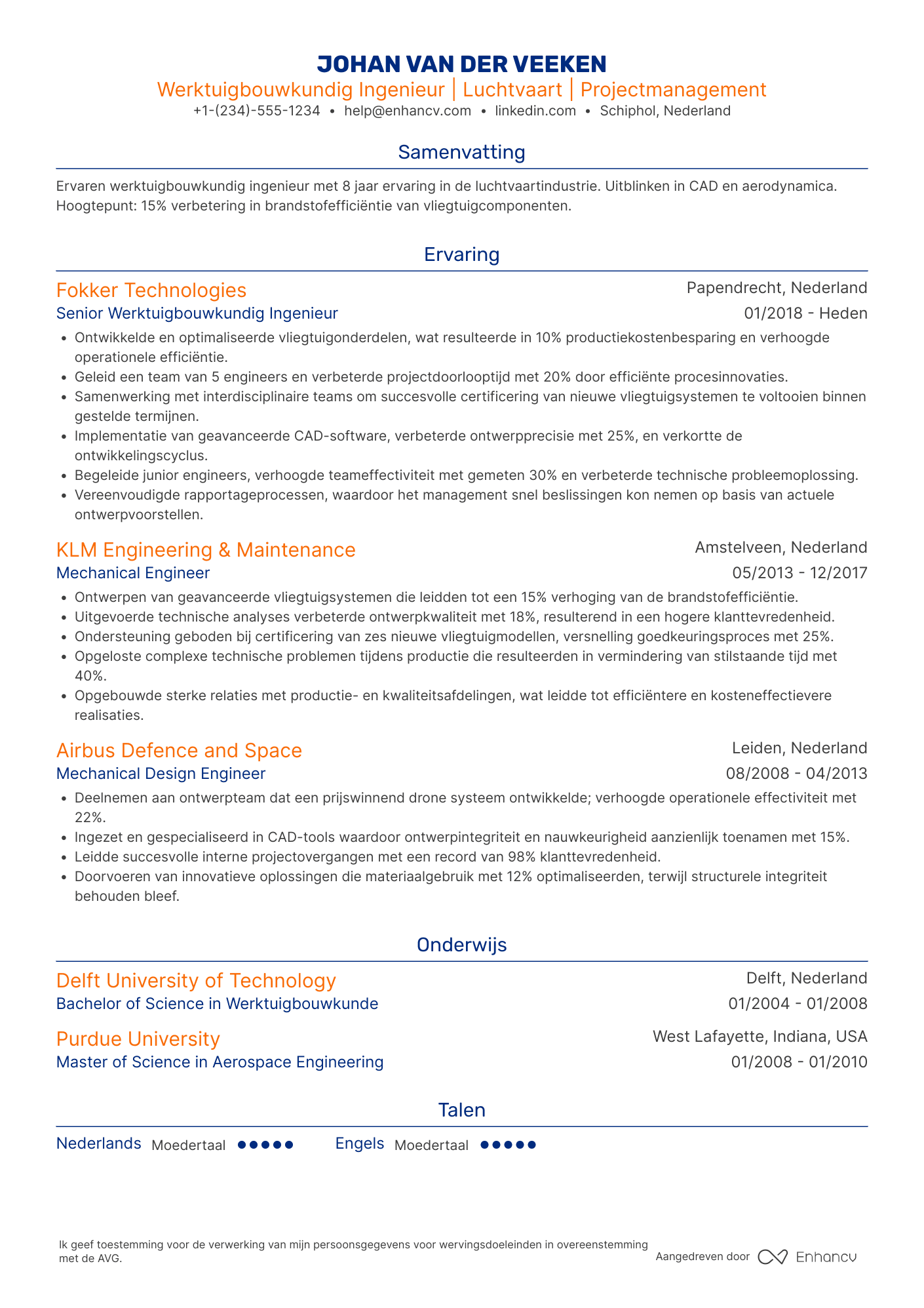 CV voor Werktuigbouwkundig Ingenieur Luchtvaart Resume Example