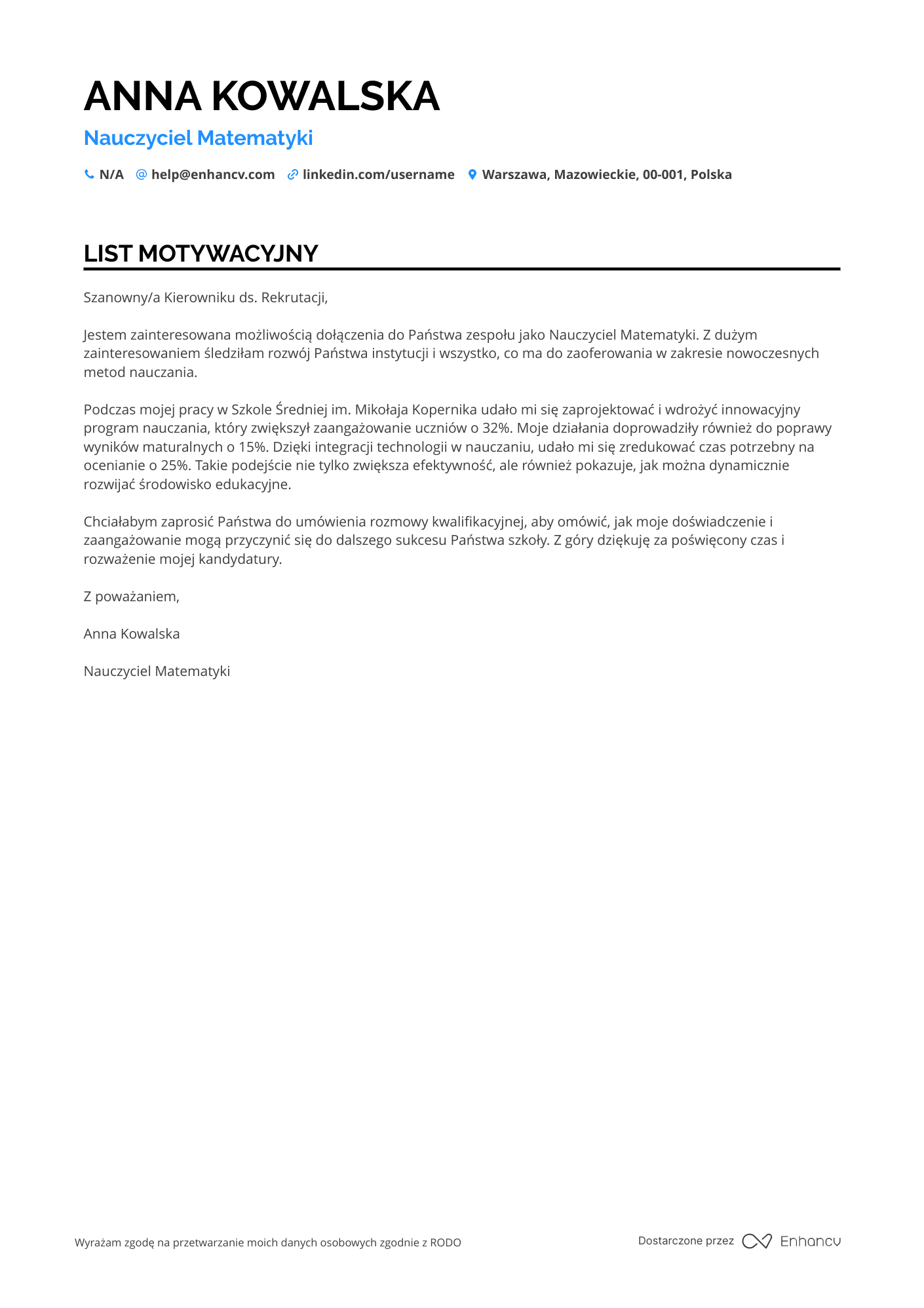List motywacyjny dla Nauczyciel Matematyki w Szkole Średniej Resume Example