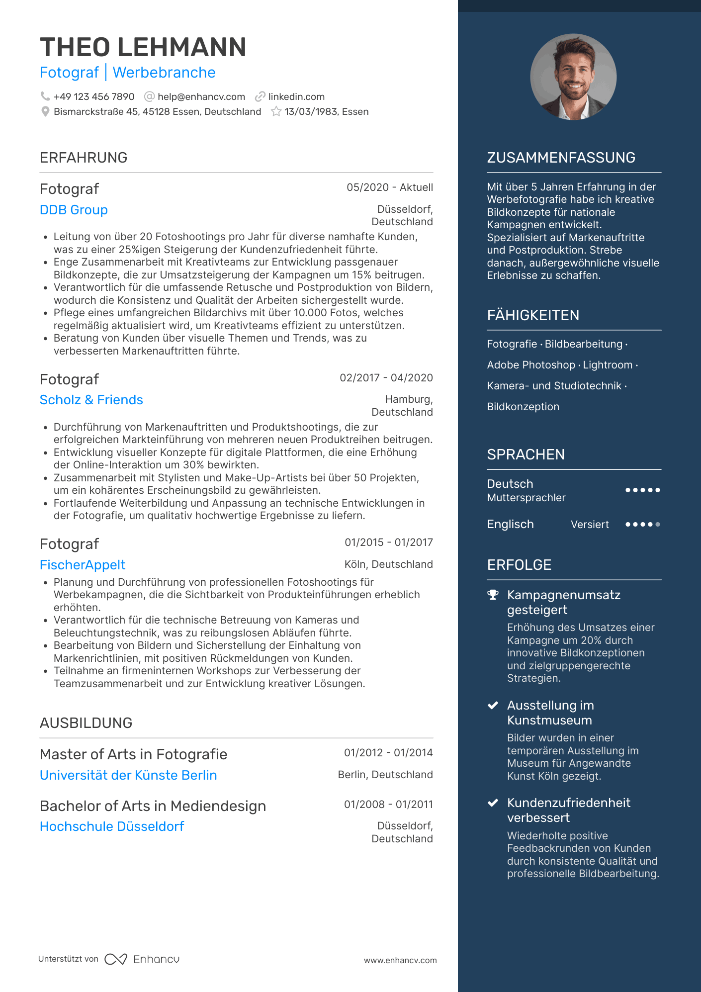 Lebenslauf in Fotograf für die Werbebranche Resume Example