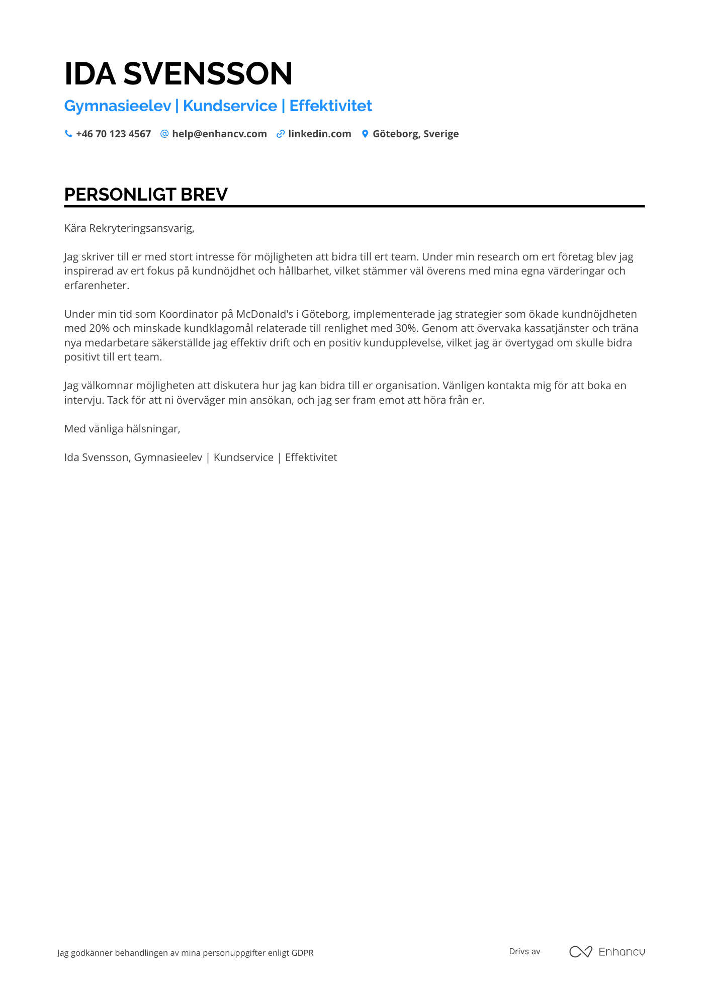 Personligt brev för Gymnasieelev Snabbmat Resume Example