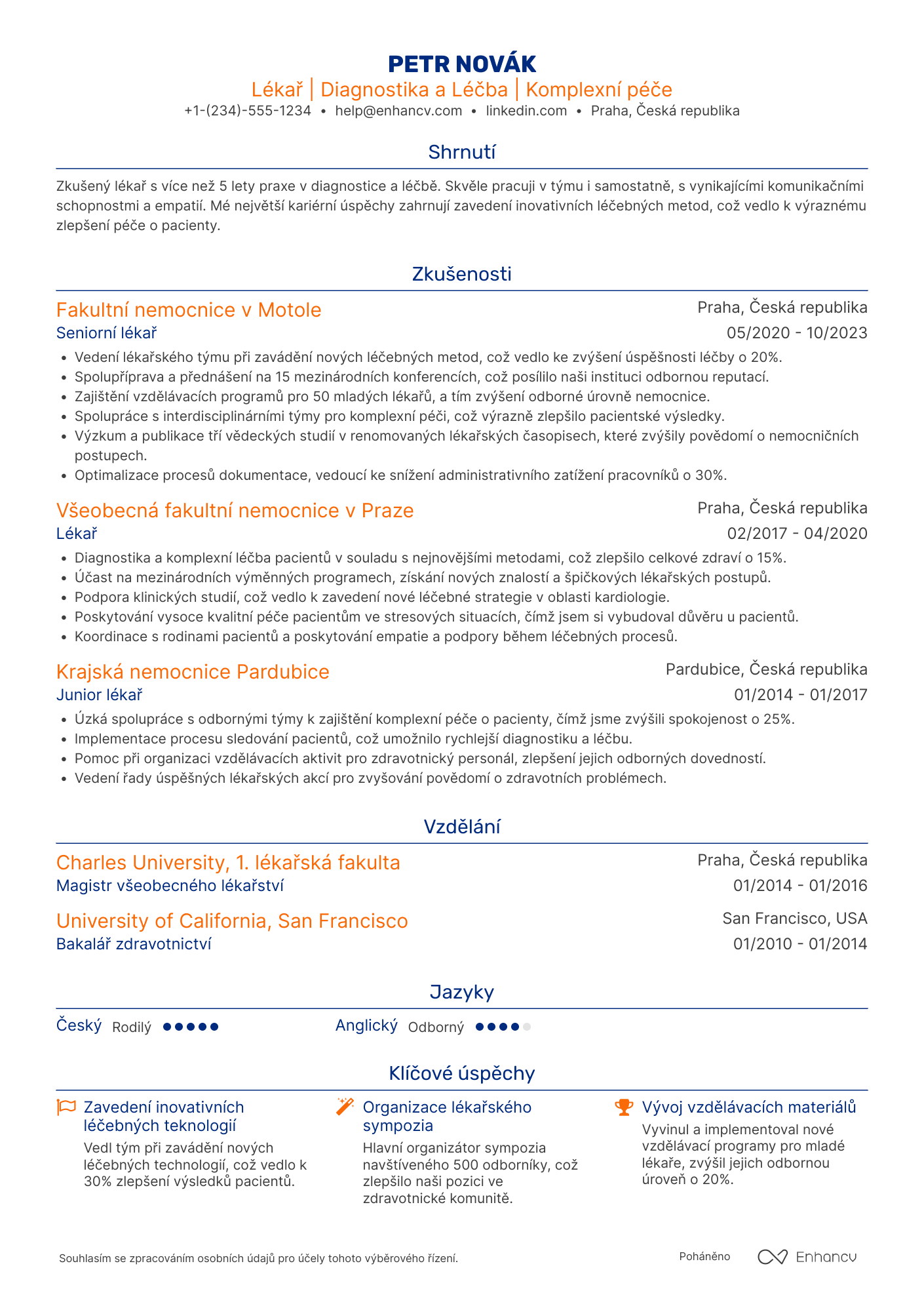 Životopis pro Lékař na klinice Resume Example