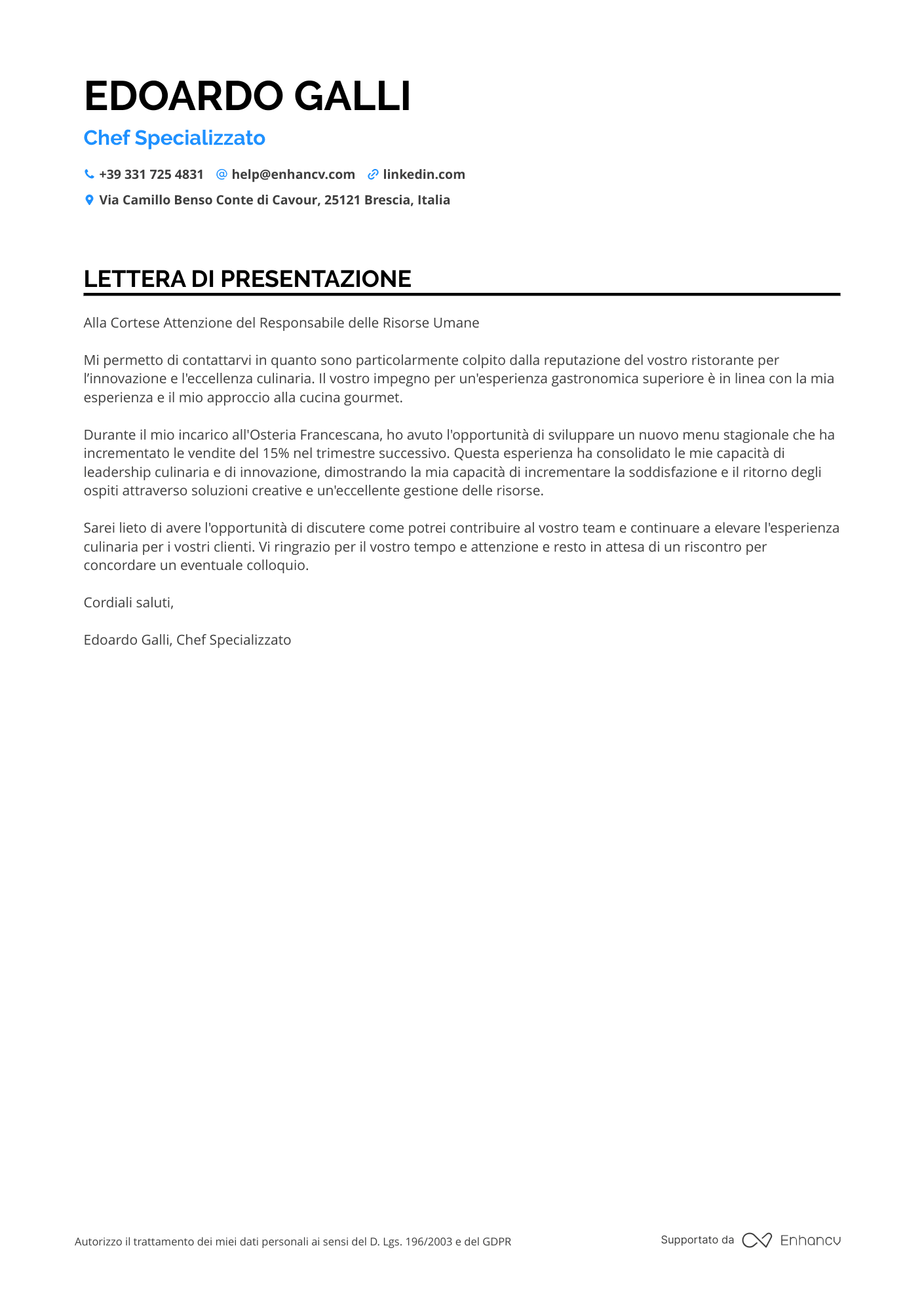 Cuoco di Ristorante Resume Example