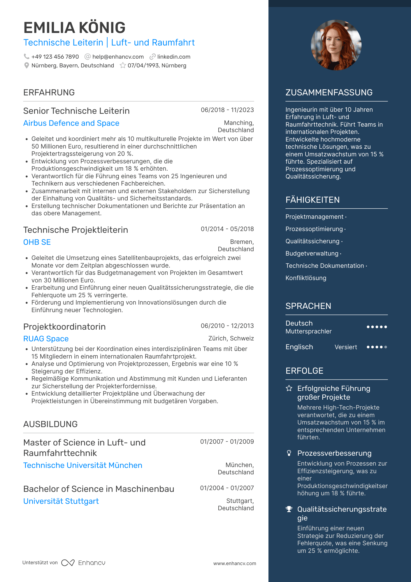 Lebenslauf in Technischer Leiter in der Luft  und Raumfahrt Resume Example