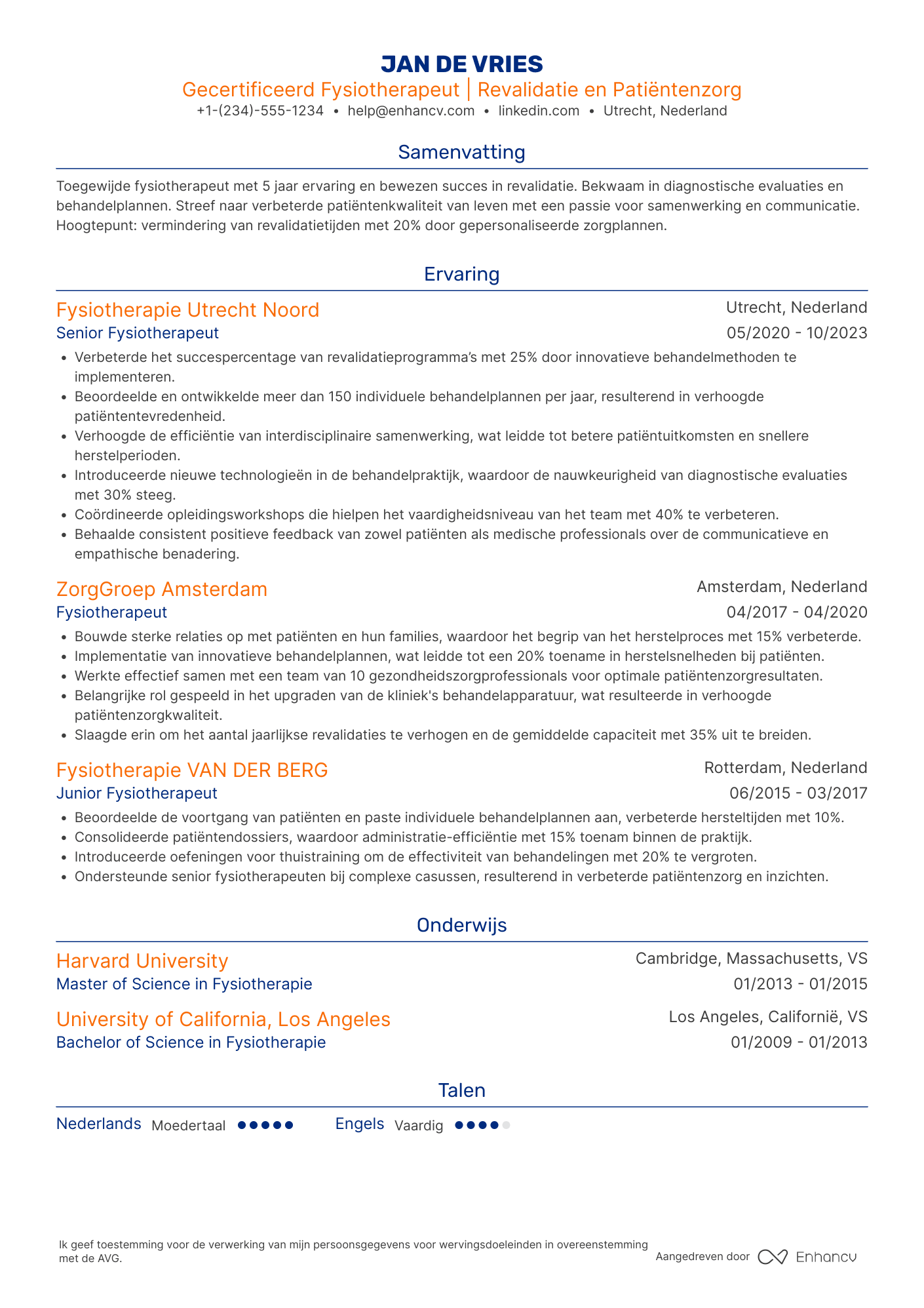 CV voor Fysiotherapeut in de zorgsector Resume Example