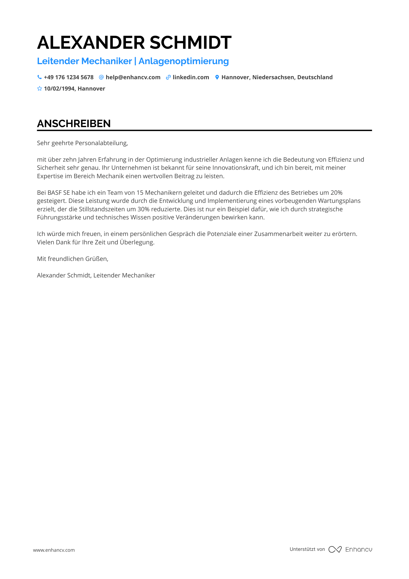 Leitender Mechaniker Resume Example