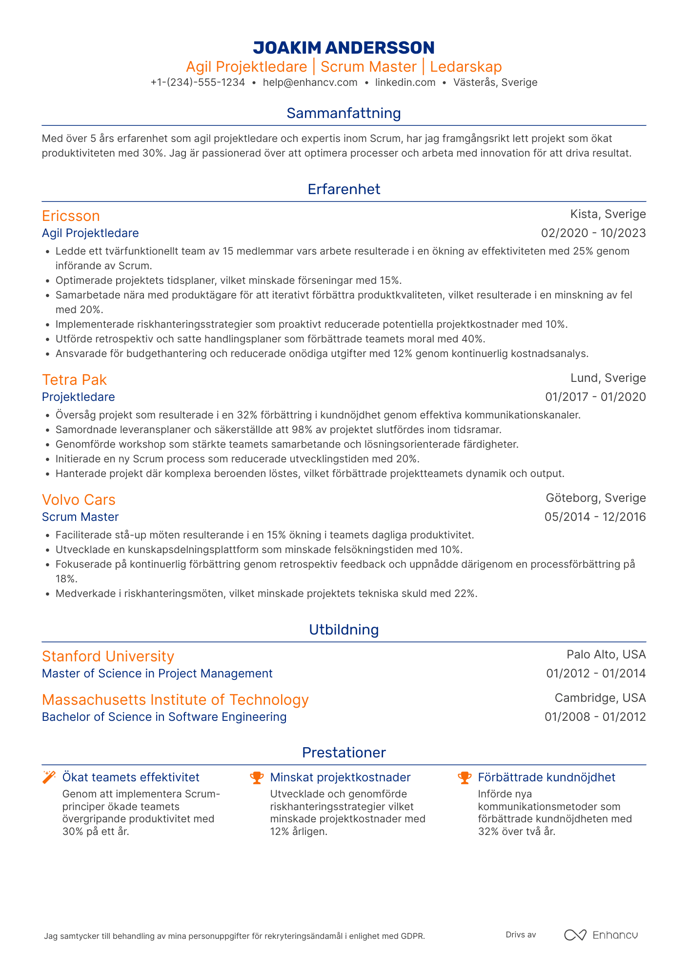 CV för Agil projektledare Resume Example