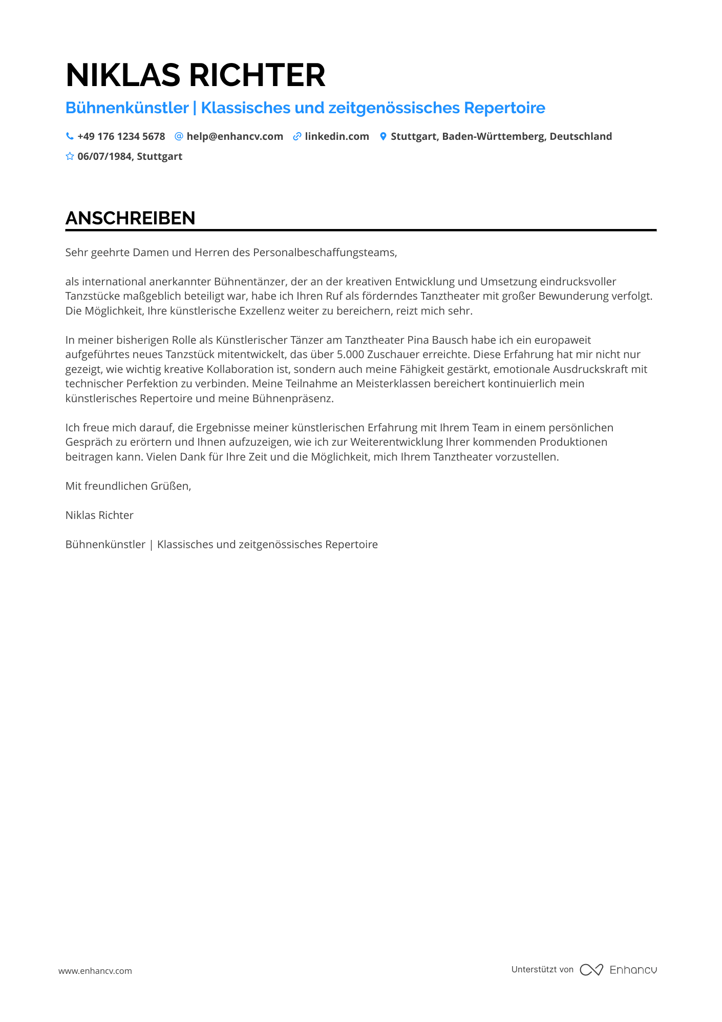 Künstlerischer Tänzer Resume Example