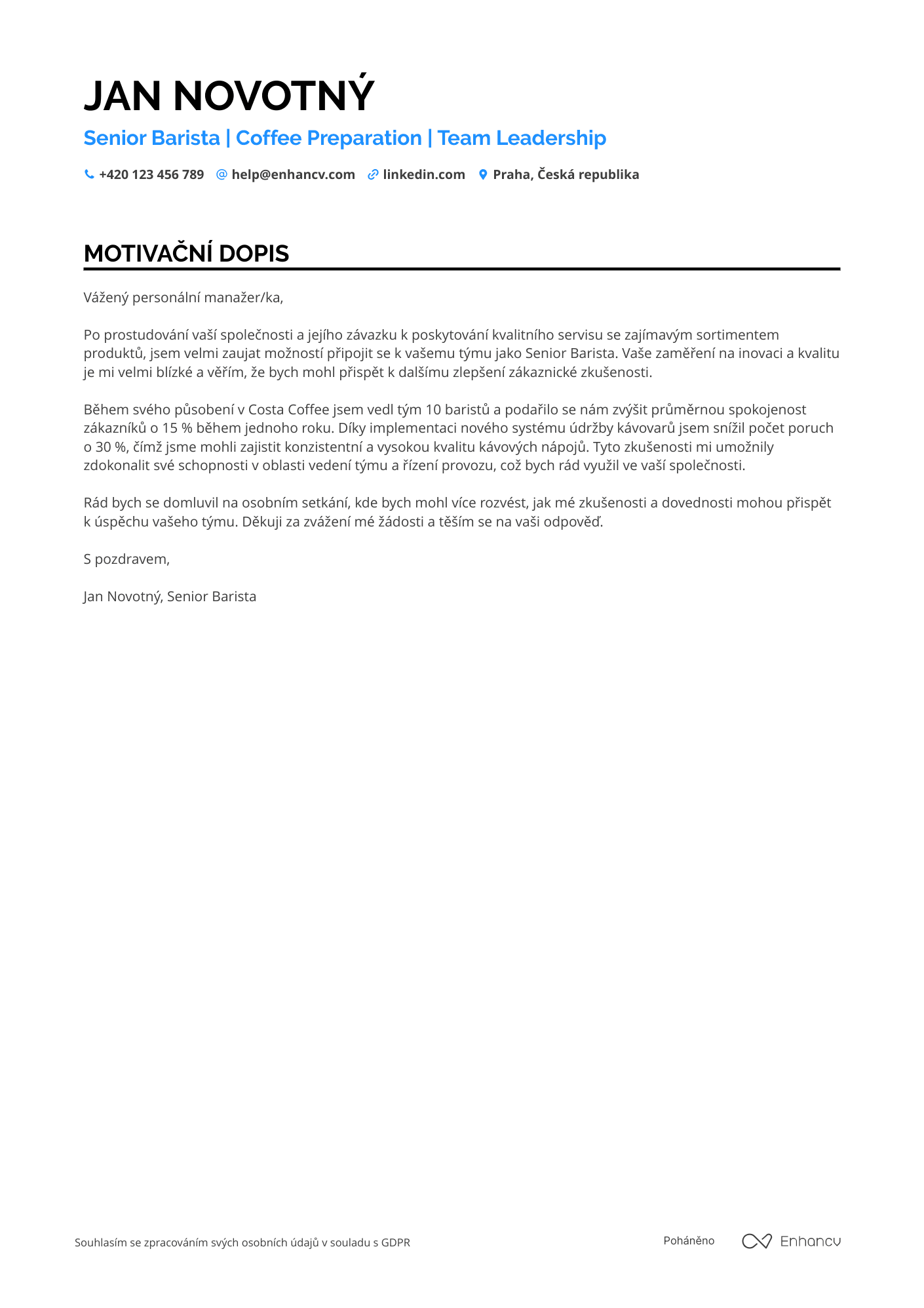 Motivační dopis pro Senior Barista Resume Example