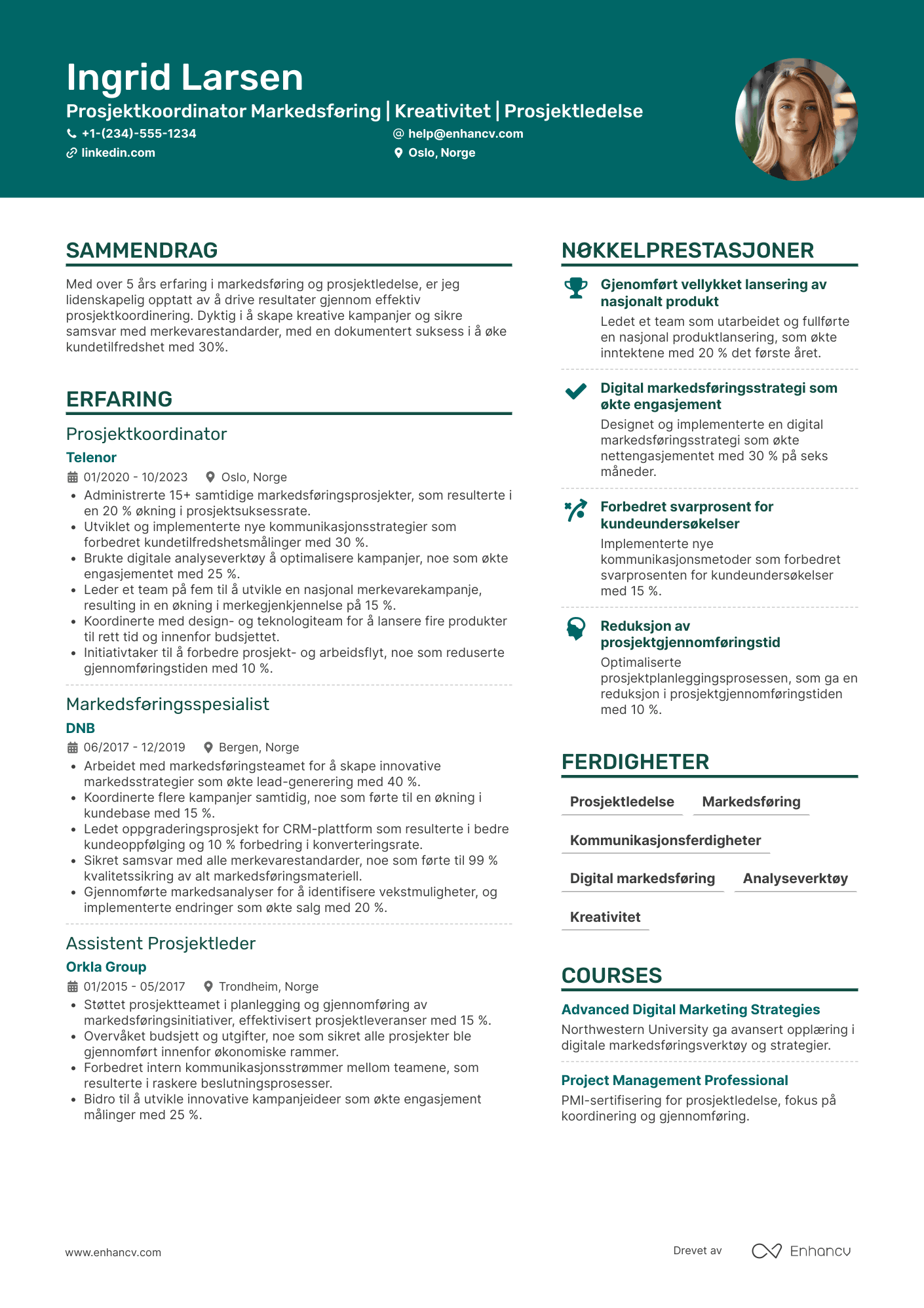 CV for Prosjektkoordinator markedsføring Resume Example