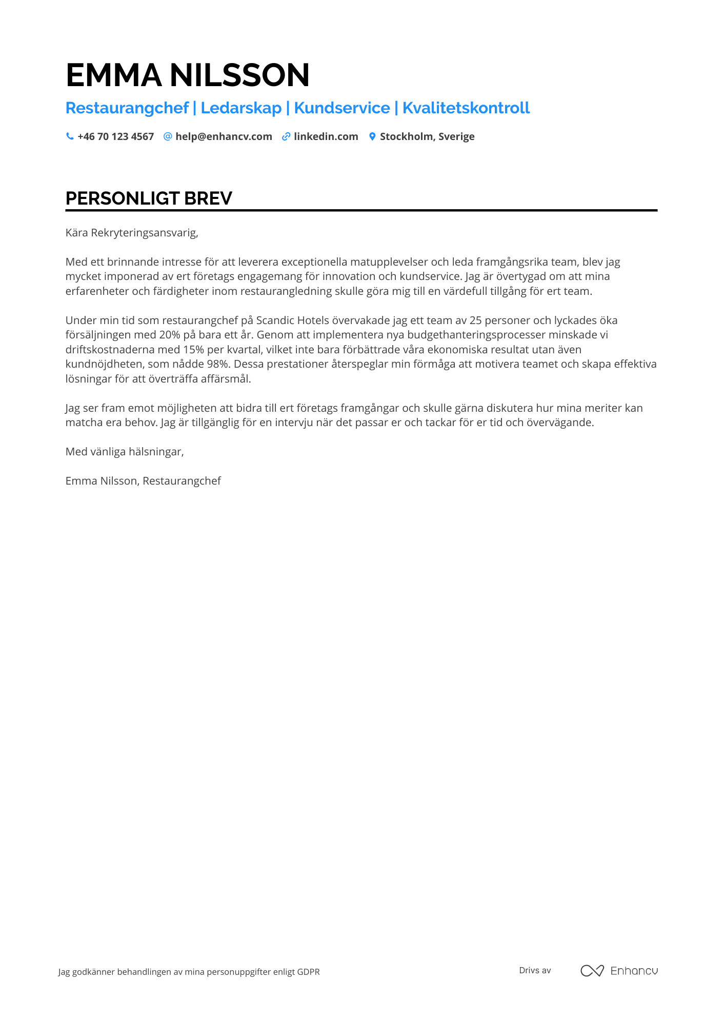 Personligt brev för Restaurangchef Catering Resume Example
