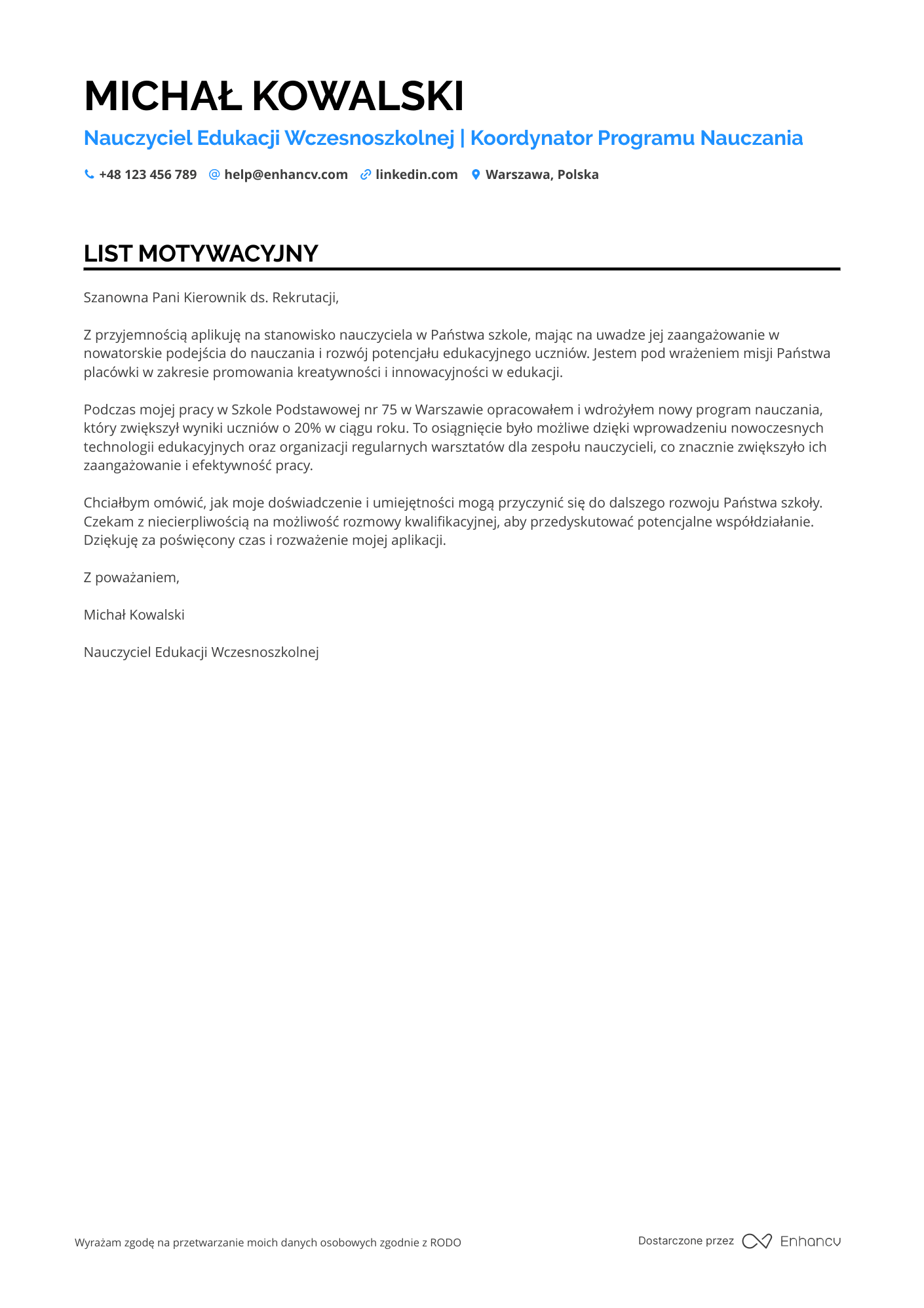 List motywacyjny dla Nauczyciel Edukacji Wczesnoszkolnej Koordynator Programu Nauczania Resume Example