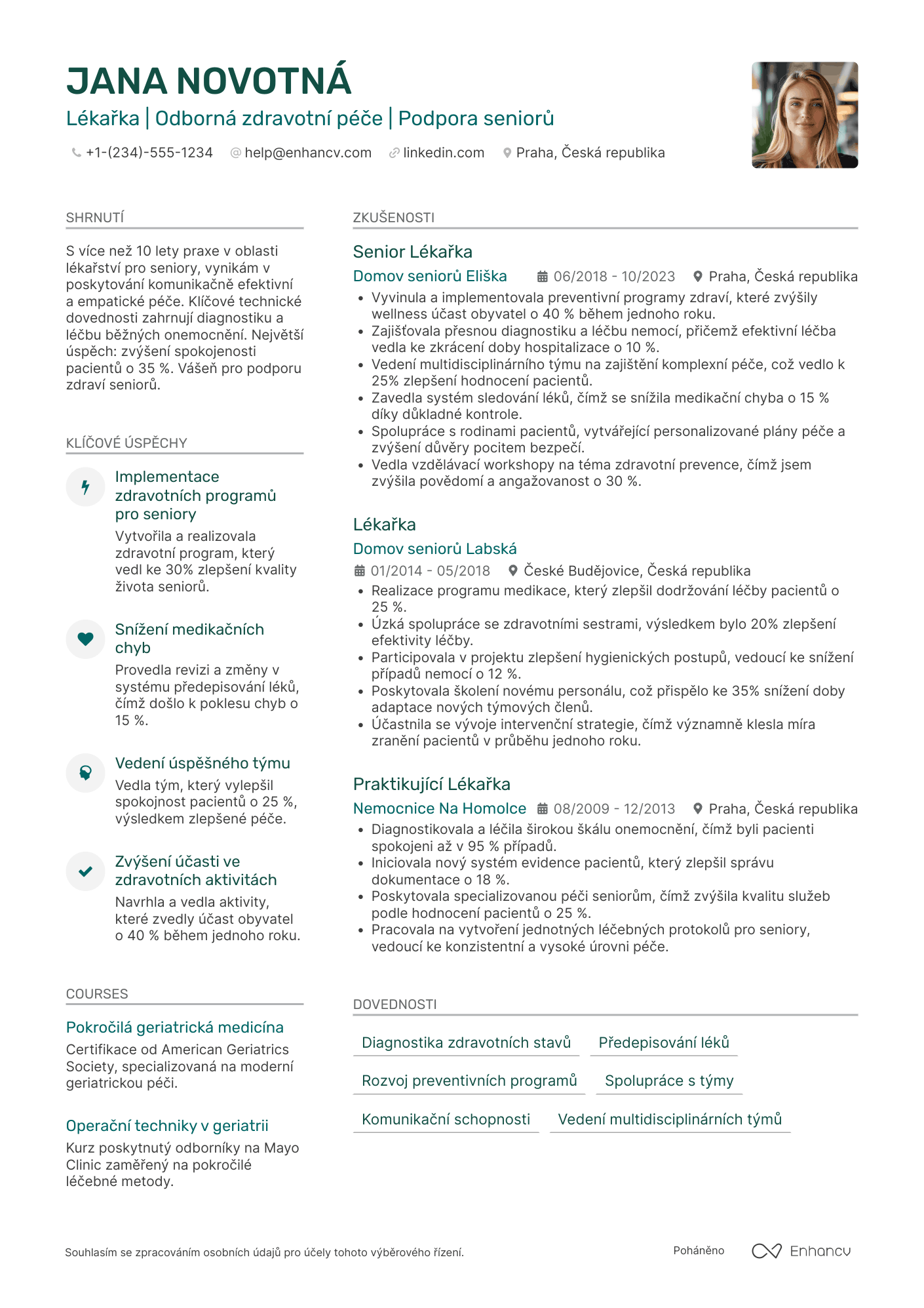 Životopis pro Lékař v domovech pro seniory Resume Example