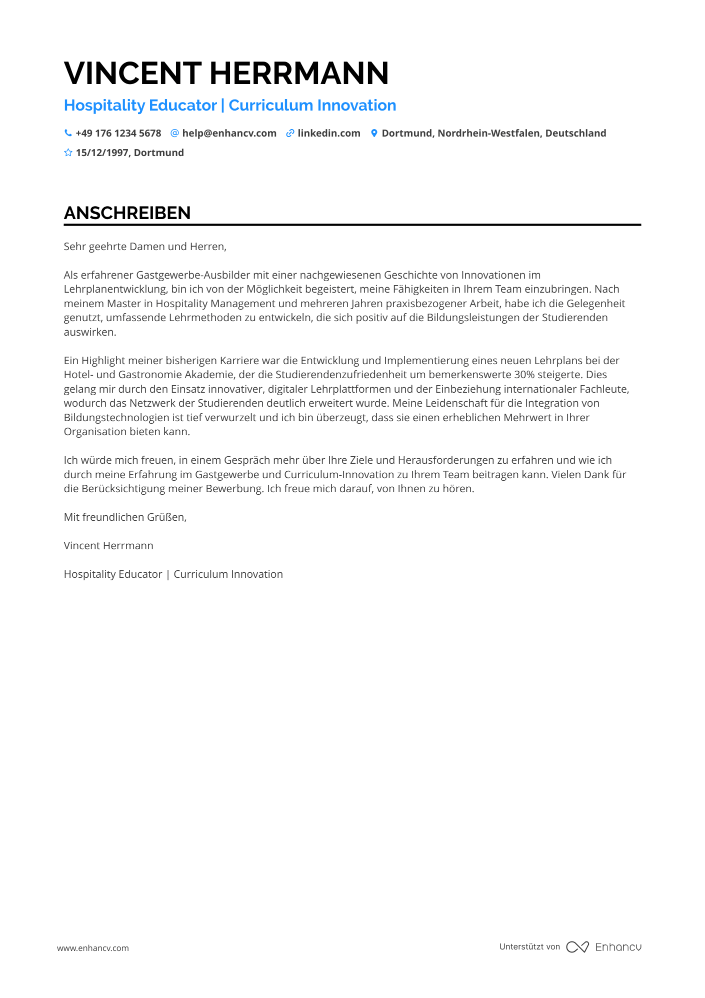 Lehrer im Gastgewerbe Resume Example