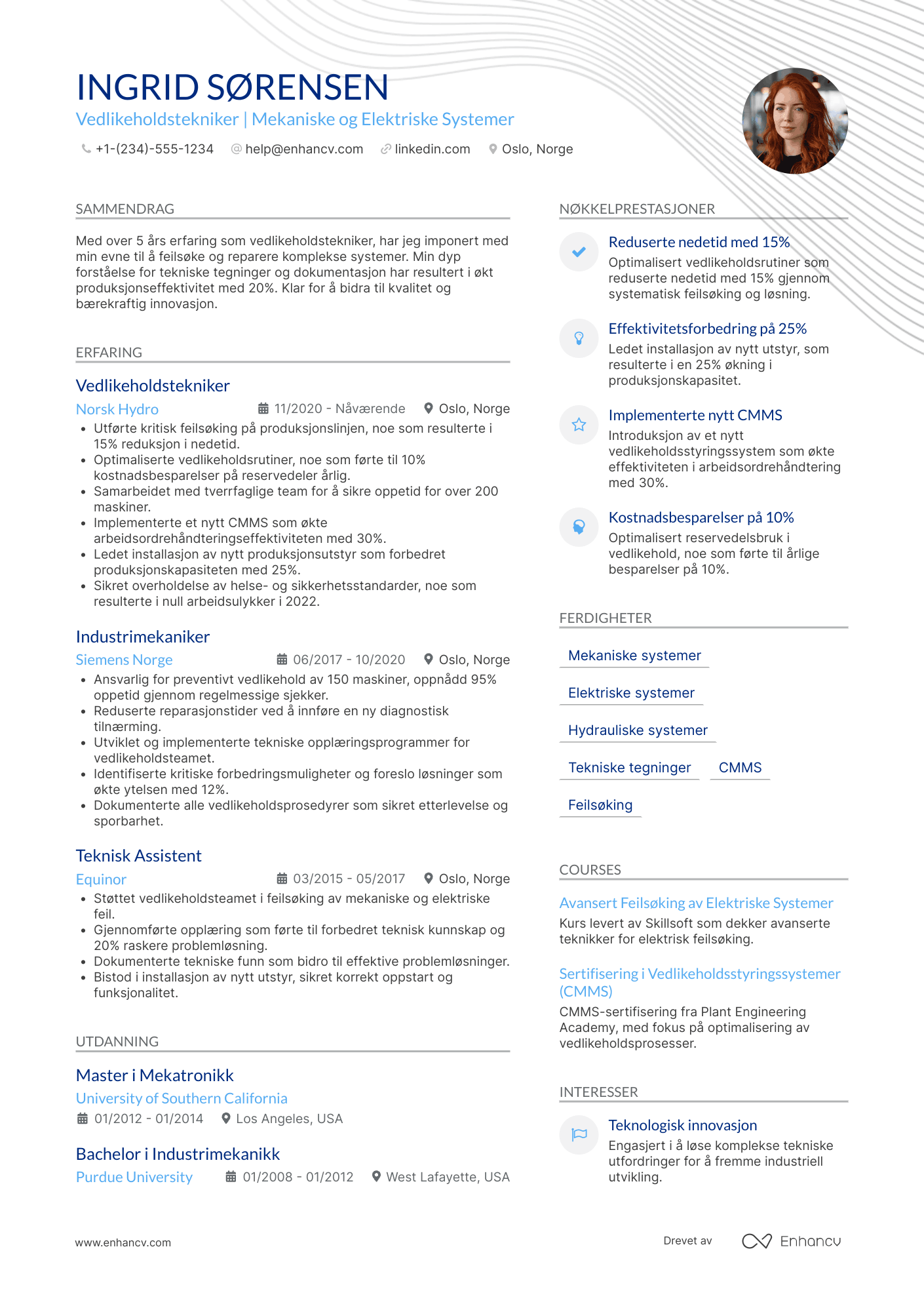 CV for Vedlikeholdstekniker Resume Example