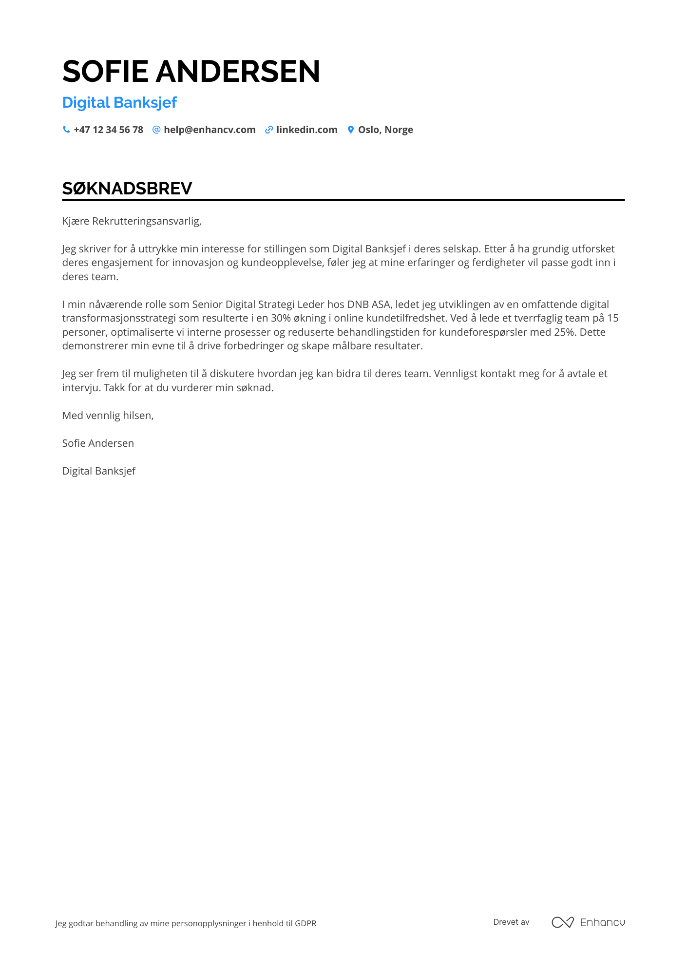 Søknadsbrev for Digital Banksjef Resume Example