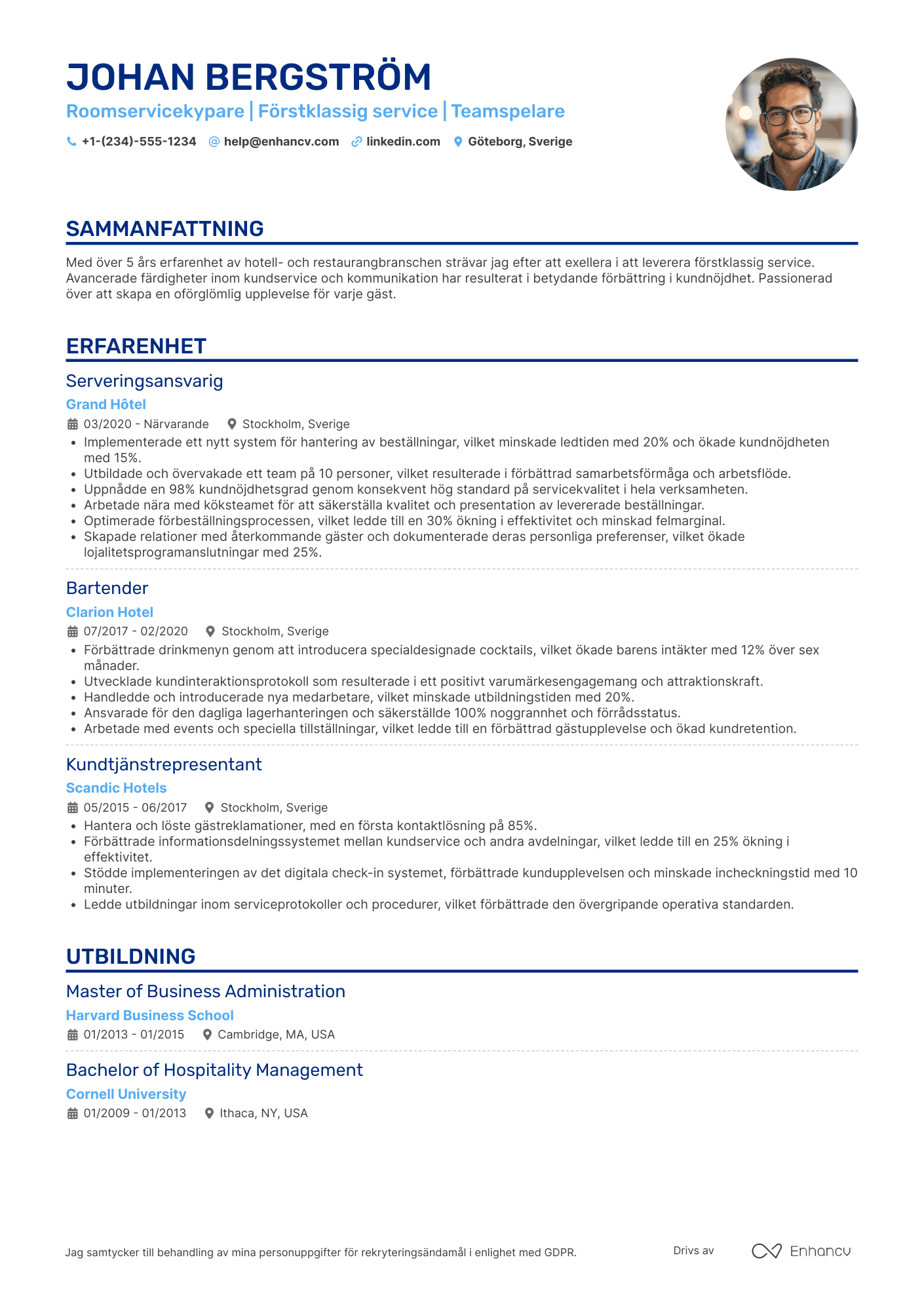 CV för Roomservicekypare Resume Example