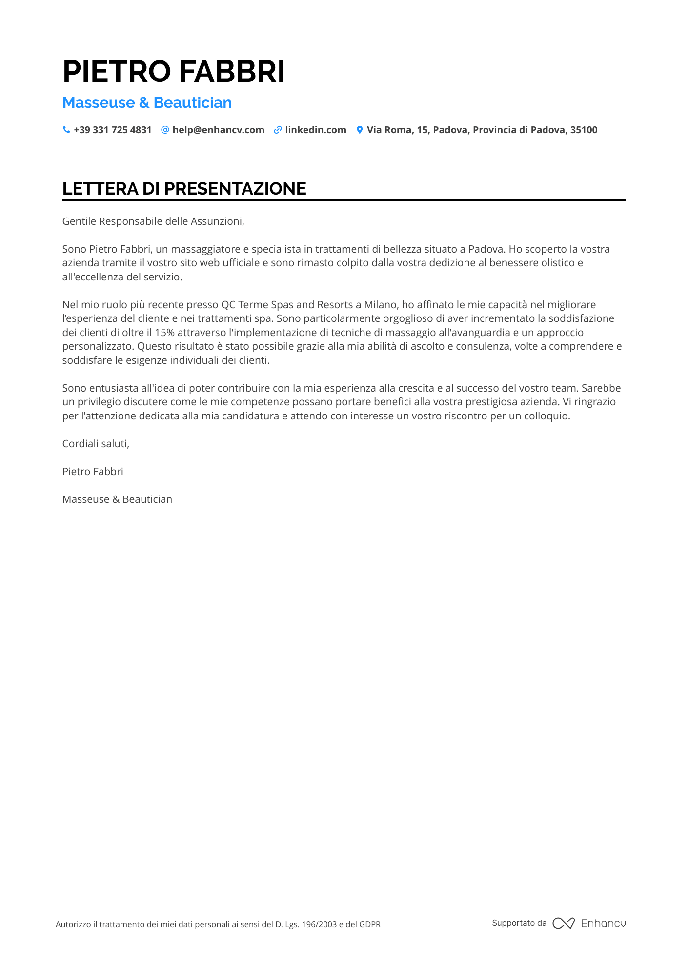 Massaggiatore Junior Resume Example