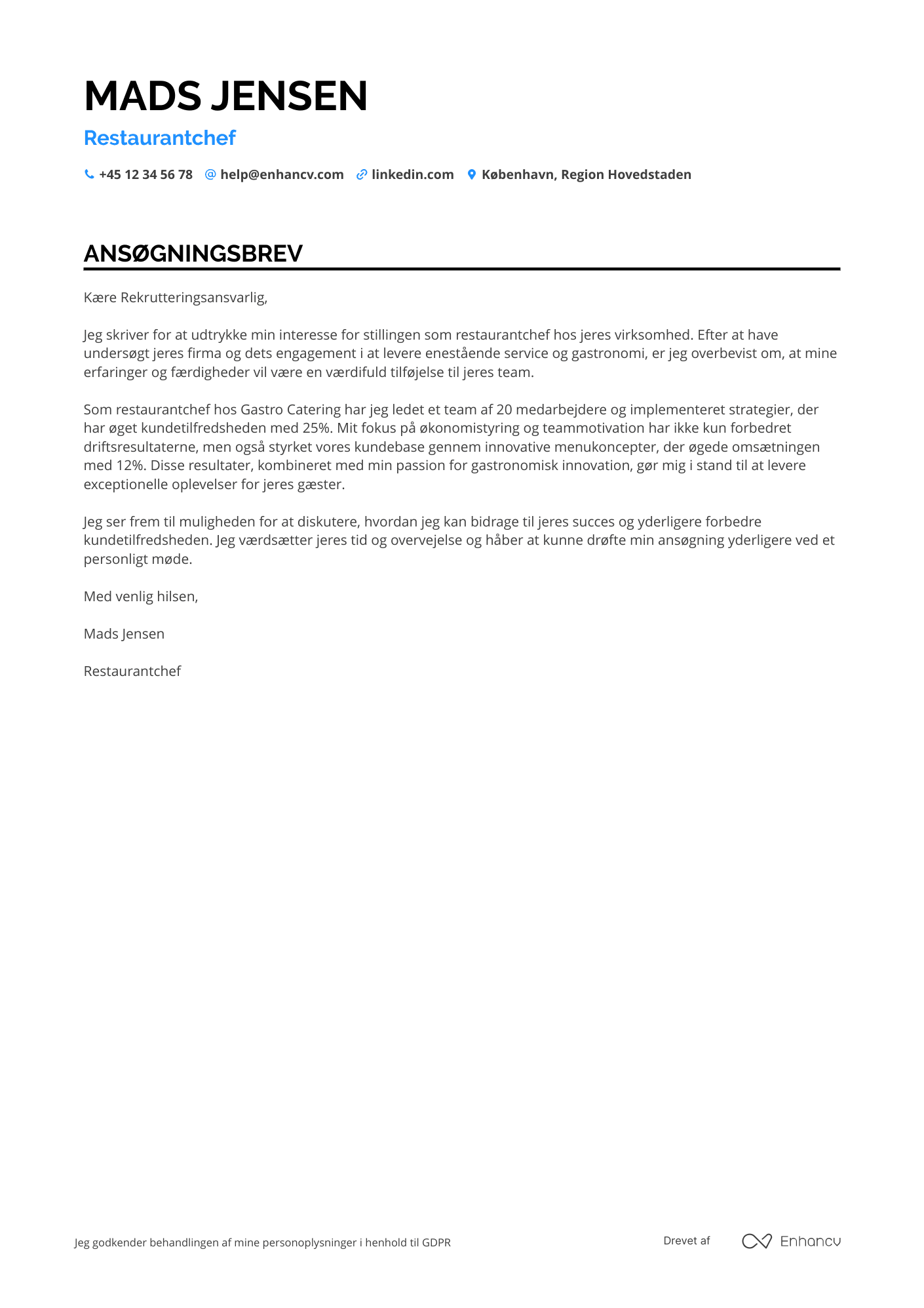 Ansøgningsbrev til Restaurantchef for catering Resume Example
