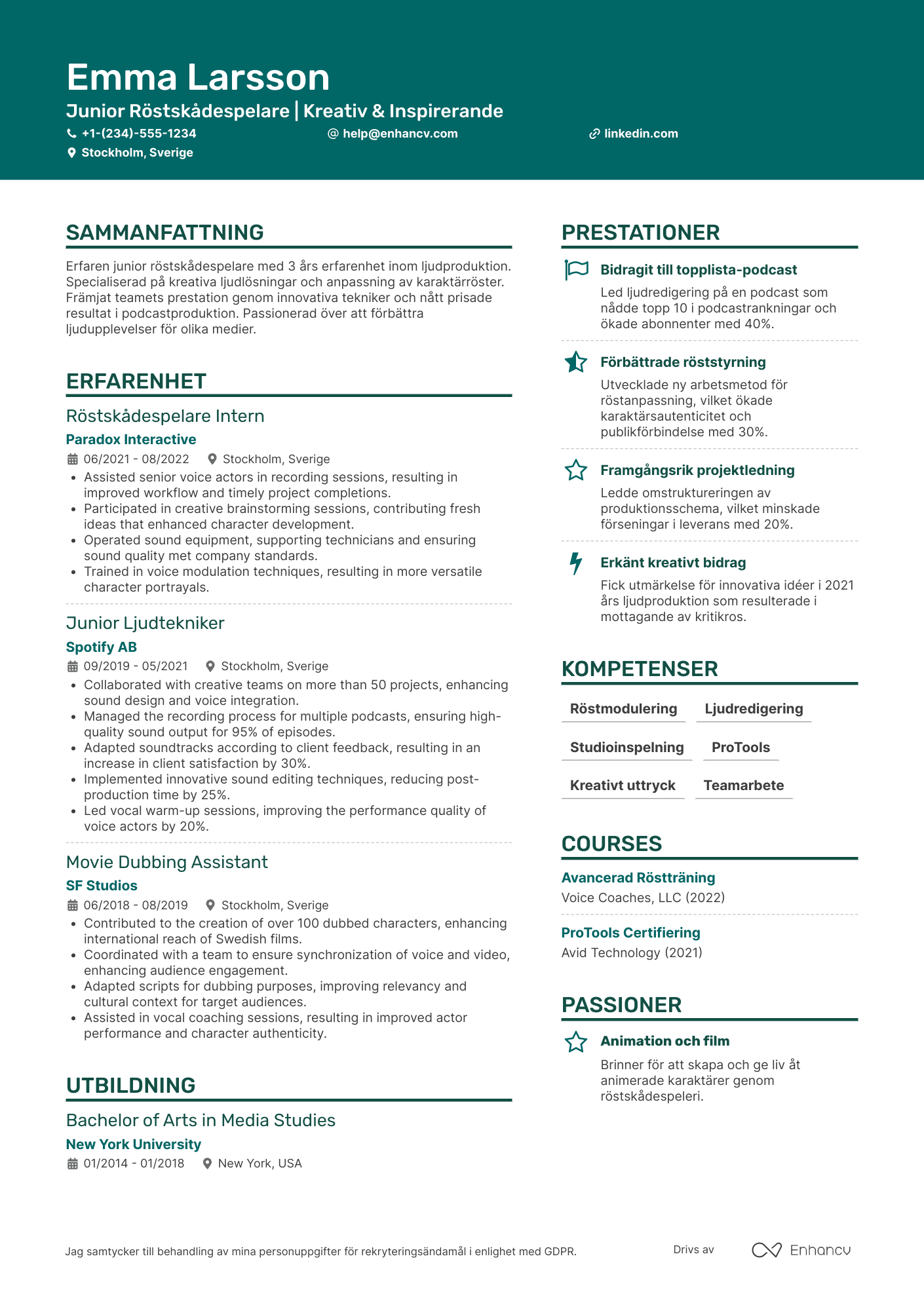 CV för Junior Röstskådespelare Resume Example