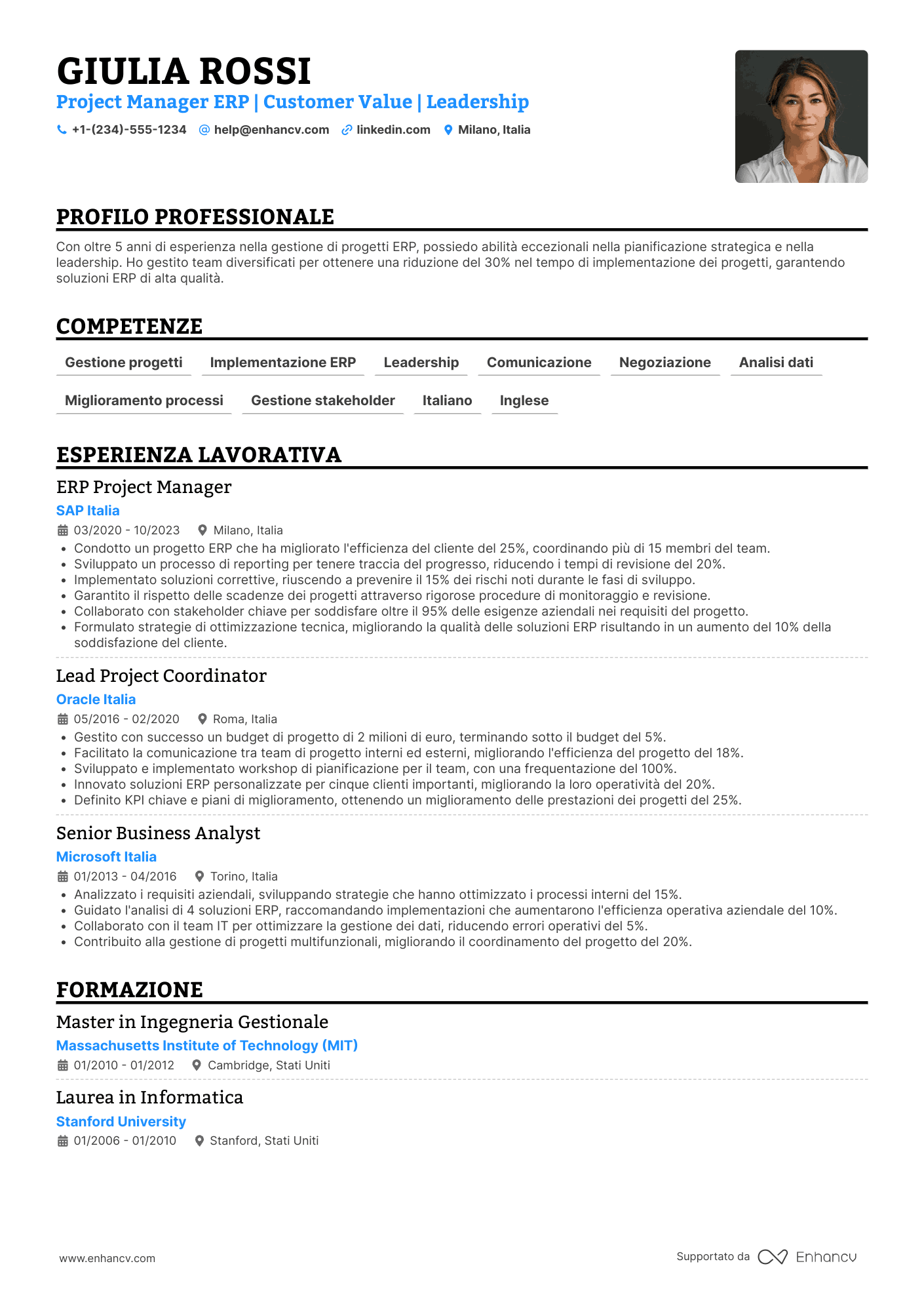 CV ERP project manager Resume Example