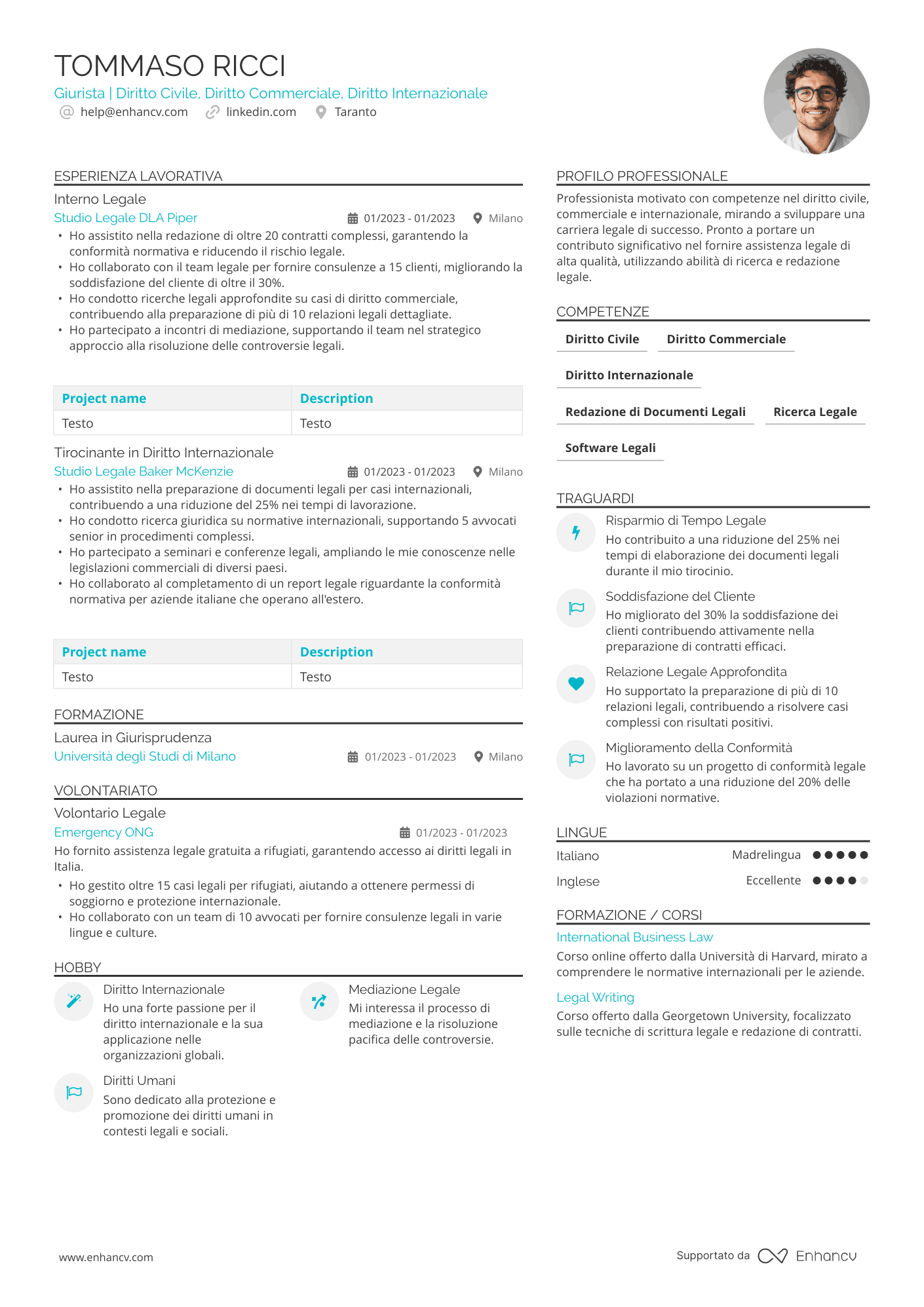 Avvocato freelance / libero professionista Resume Example